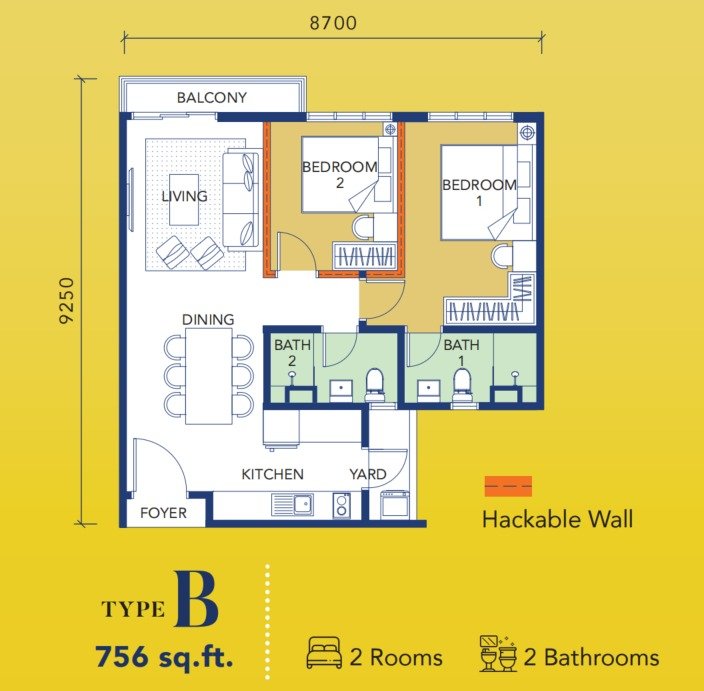 Gen Starz Residences Type B floor plan, 2 bedroom, 756 sq ft