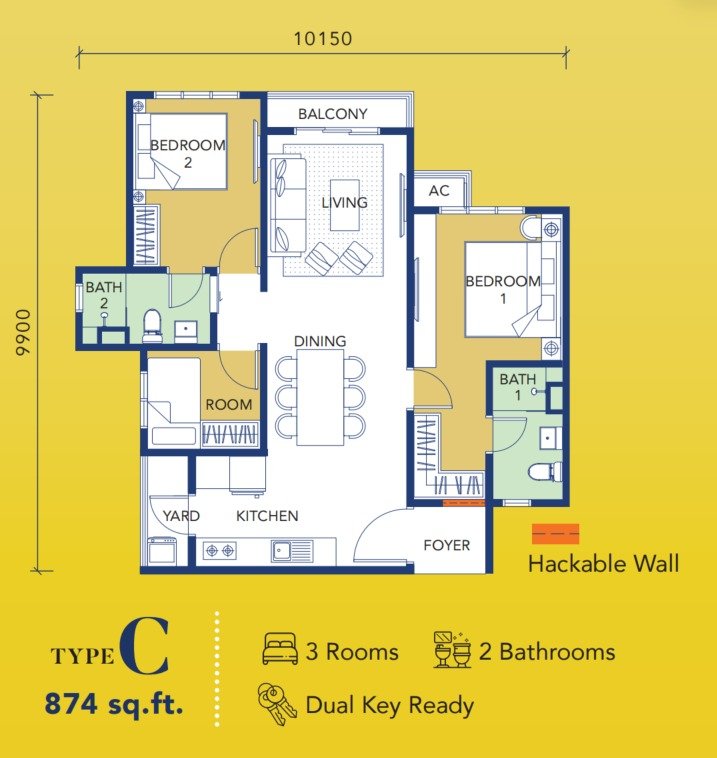 Gen Starz Residences Type C floor plan, 3 bedroom dual key ready, 874 sq ft