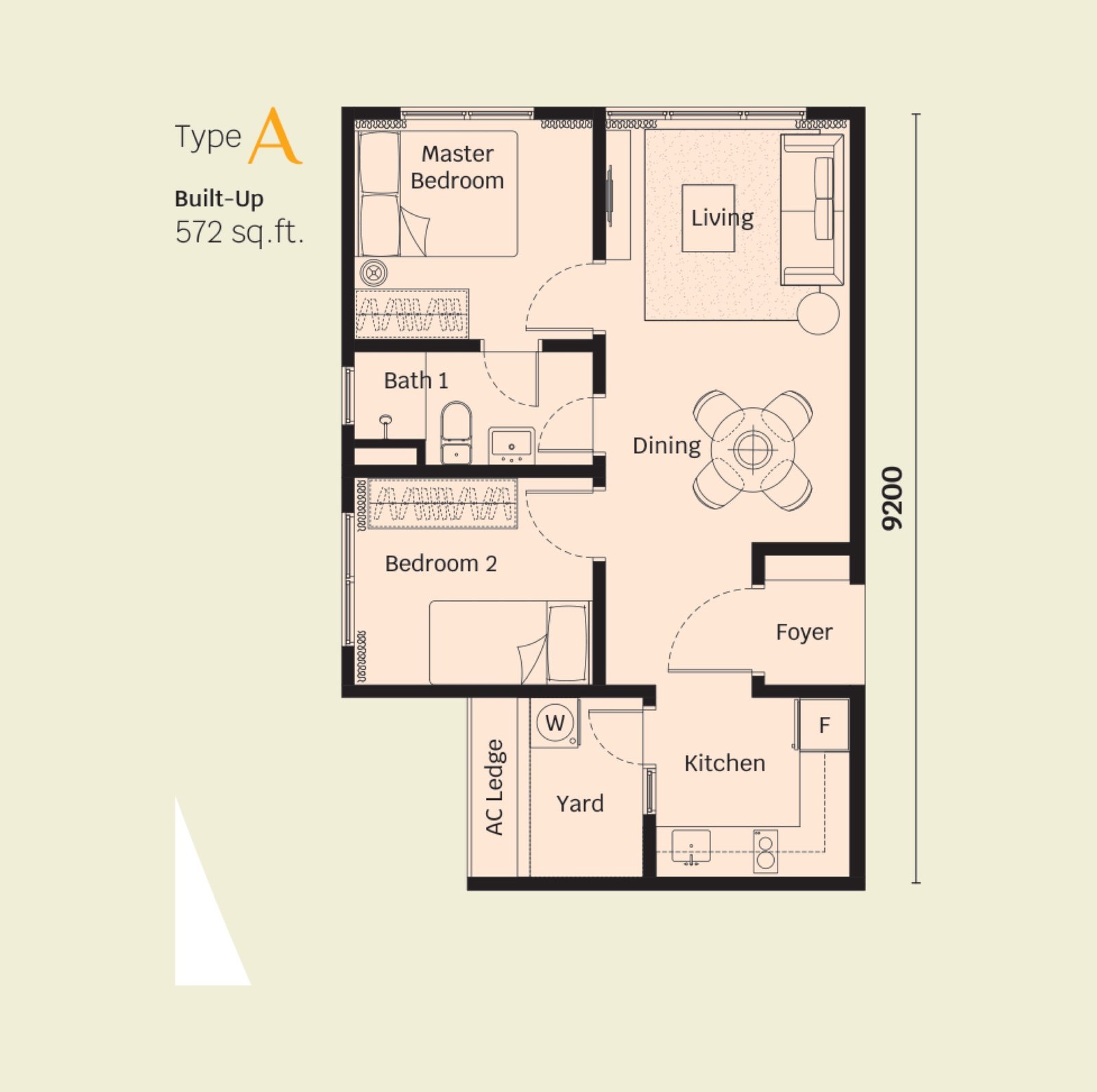 Helix 2 Type A floor plan, 2 bedroom, 572 sq ft