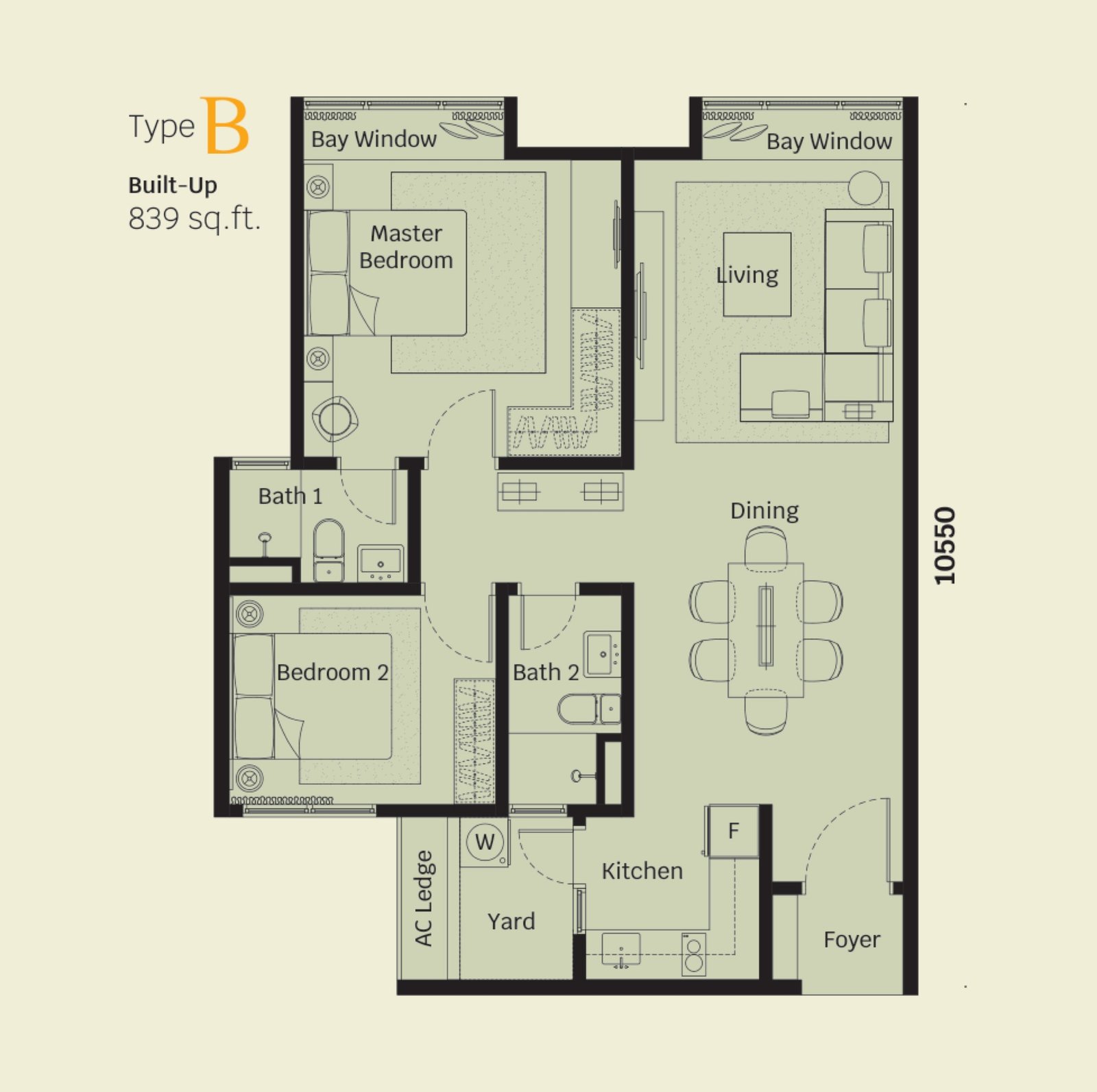 Helix 2 Type B floor plan, 2 bedroom, 839 sq ft