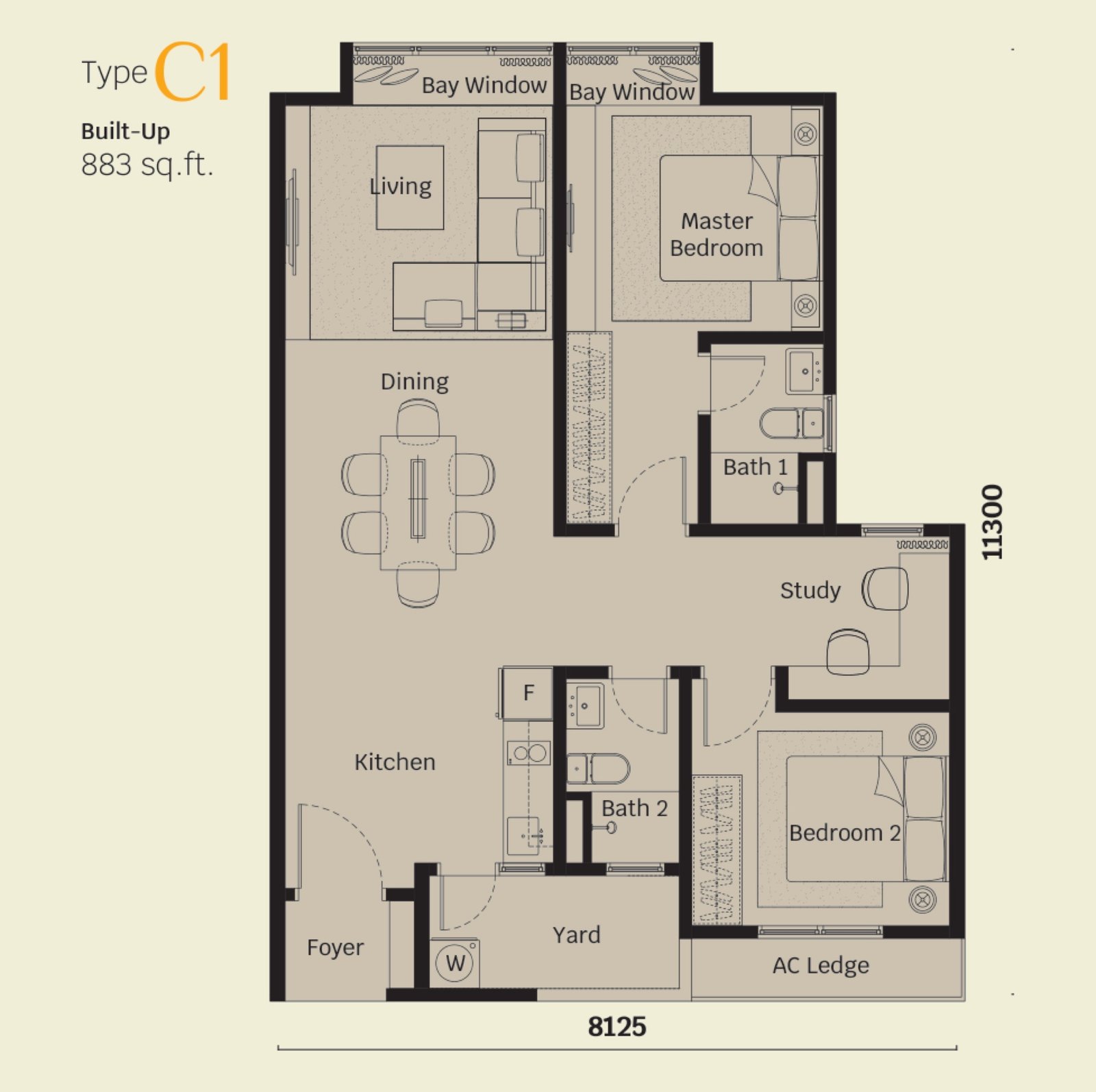 Helix 2 Type C1 floor plan, 2+1 bedroom, 883 sq ft