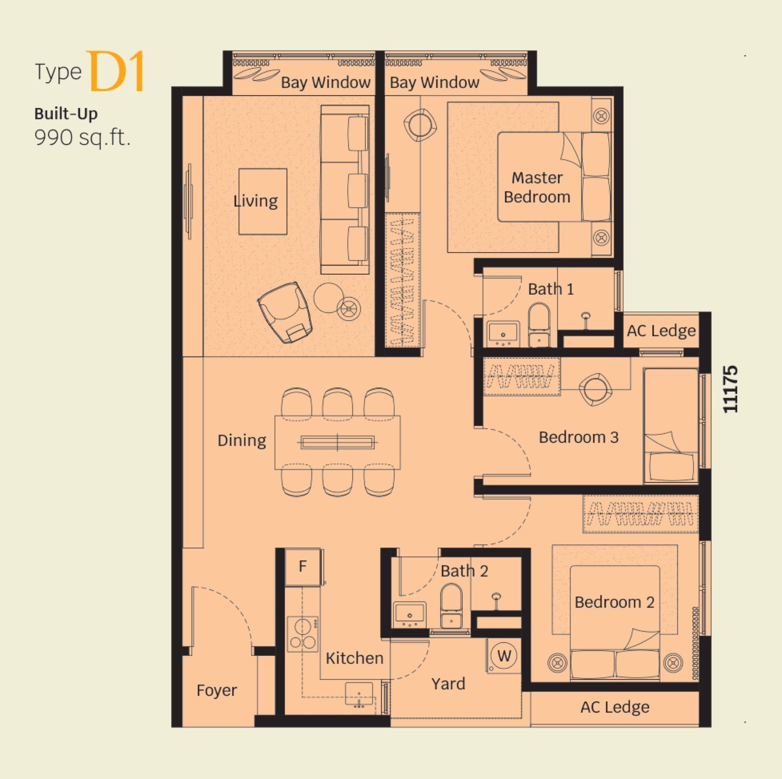 Helix 2 Type D1 floor plan, 3 bedroom, 990 sq ft