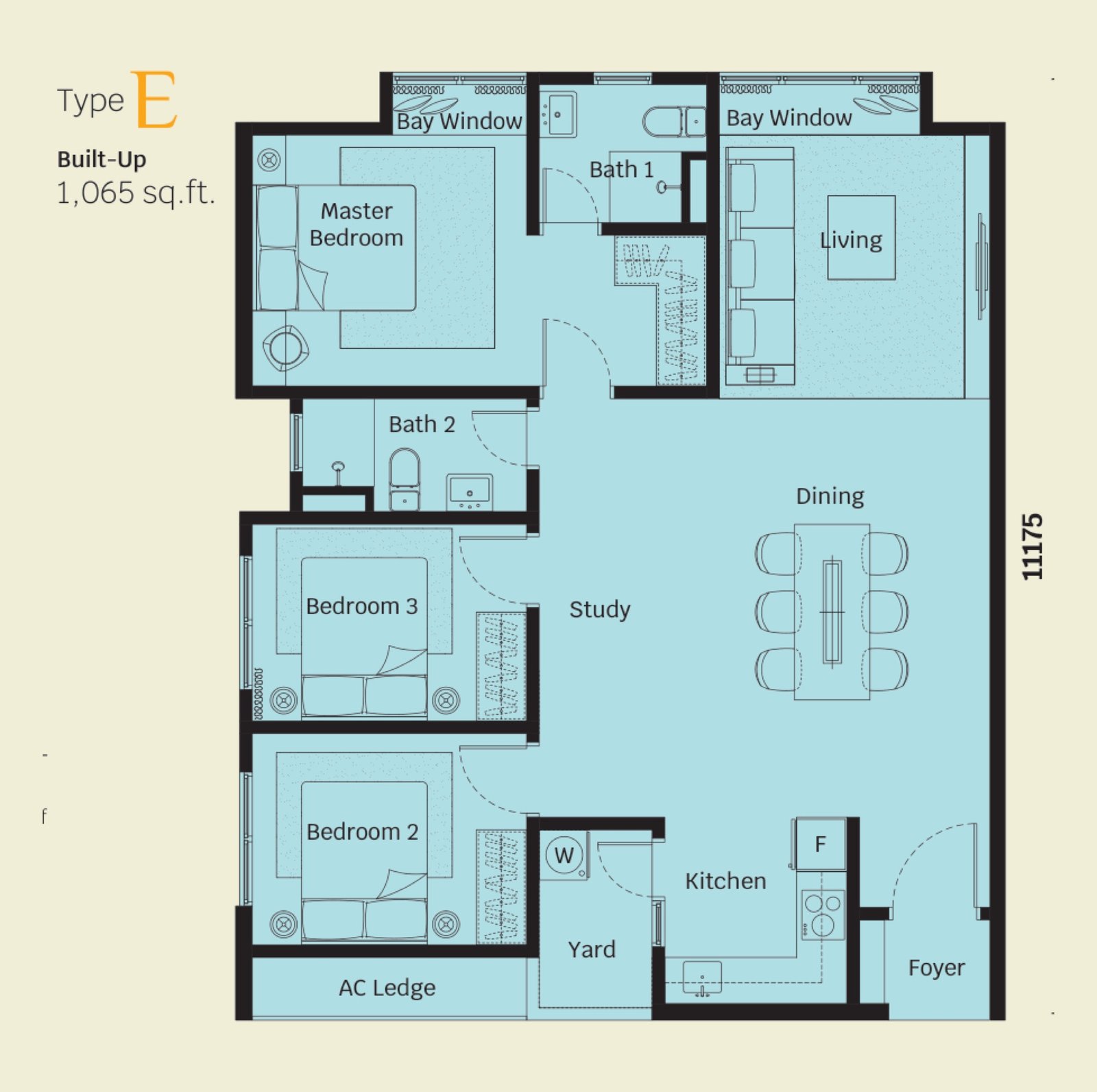 Helix 2 Type E floor plan, 3+1 bedroom, 1,065 sq ft