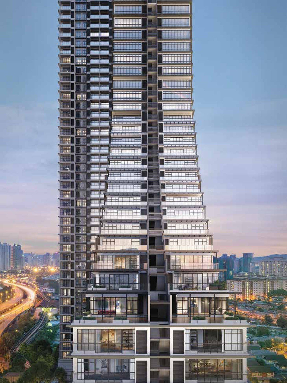 Khaya Residences facade close-up at dusk: artist's impression