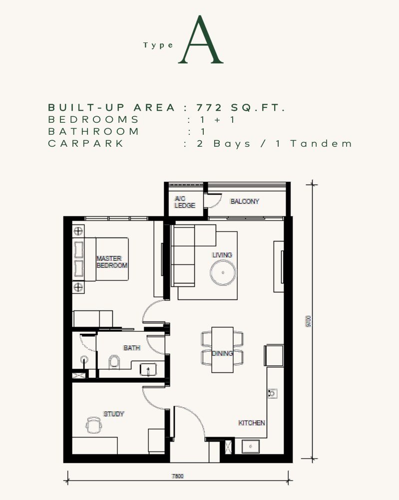 Khaya Residences Type A floor plan, 1+1 bedroom, 772 sq ft