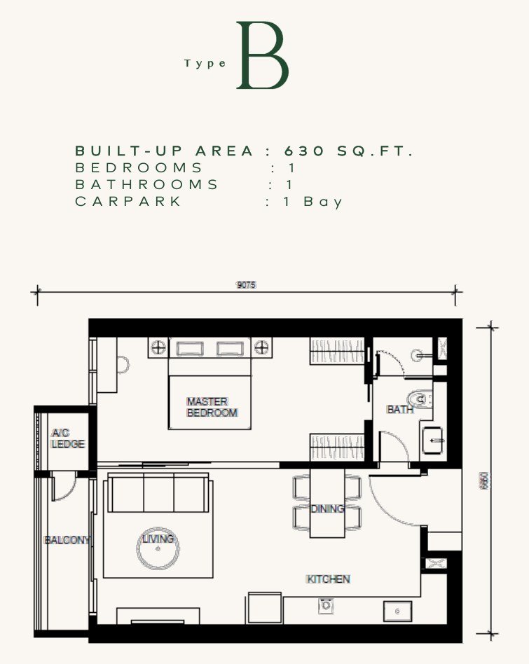 Khaya Residences Type B floor plan, 1 bedroom, 630 sq ft