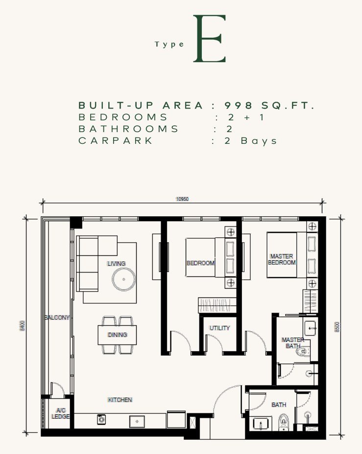 Khaya Residences Type E floor plan, 2+1 bedroom, 998 sq ft