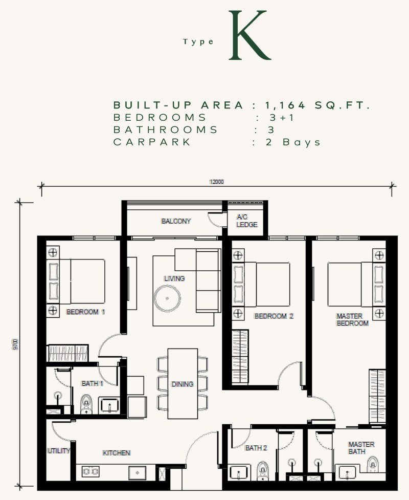 Khaya Residences Type K floor plan, 3+1 bedroom, 1,164 sq ft