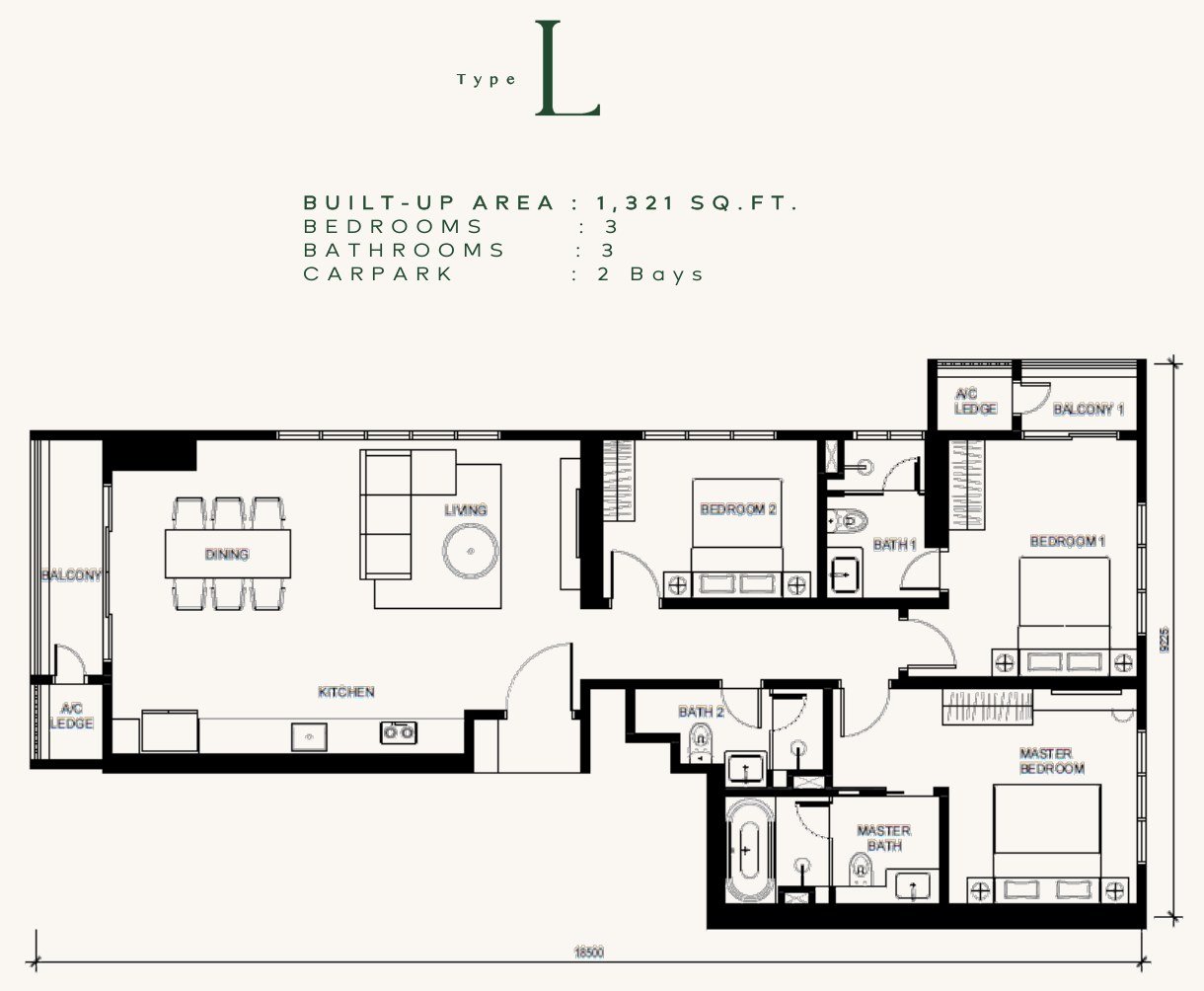 Khaya Residences Type L floor plan, 3 bedroom, 1,321 sq ft