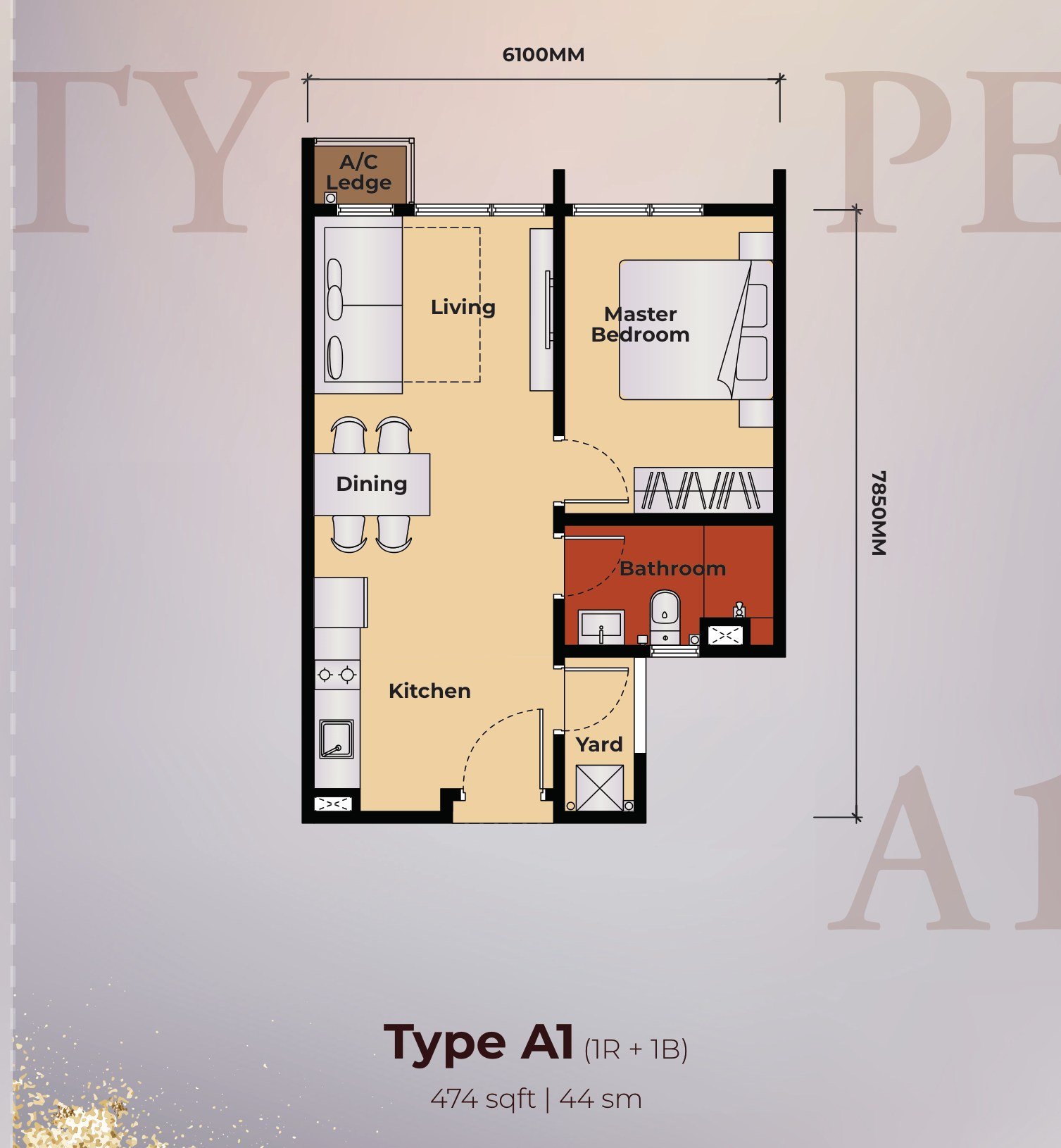 The Kingswoodz Type A1 floor plan, 1 bedroom, 474 sq ft