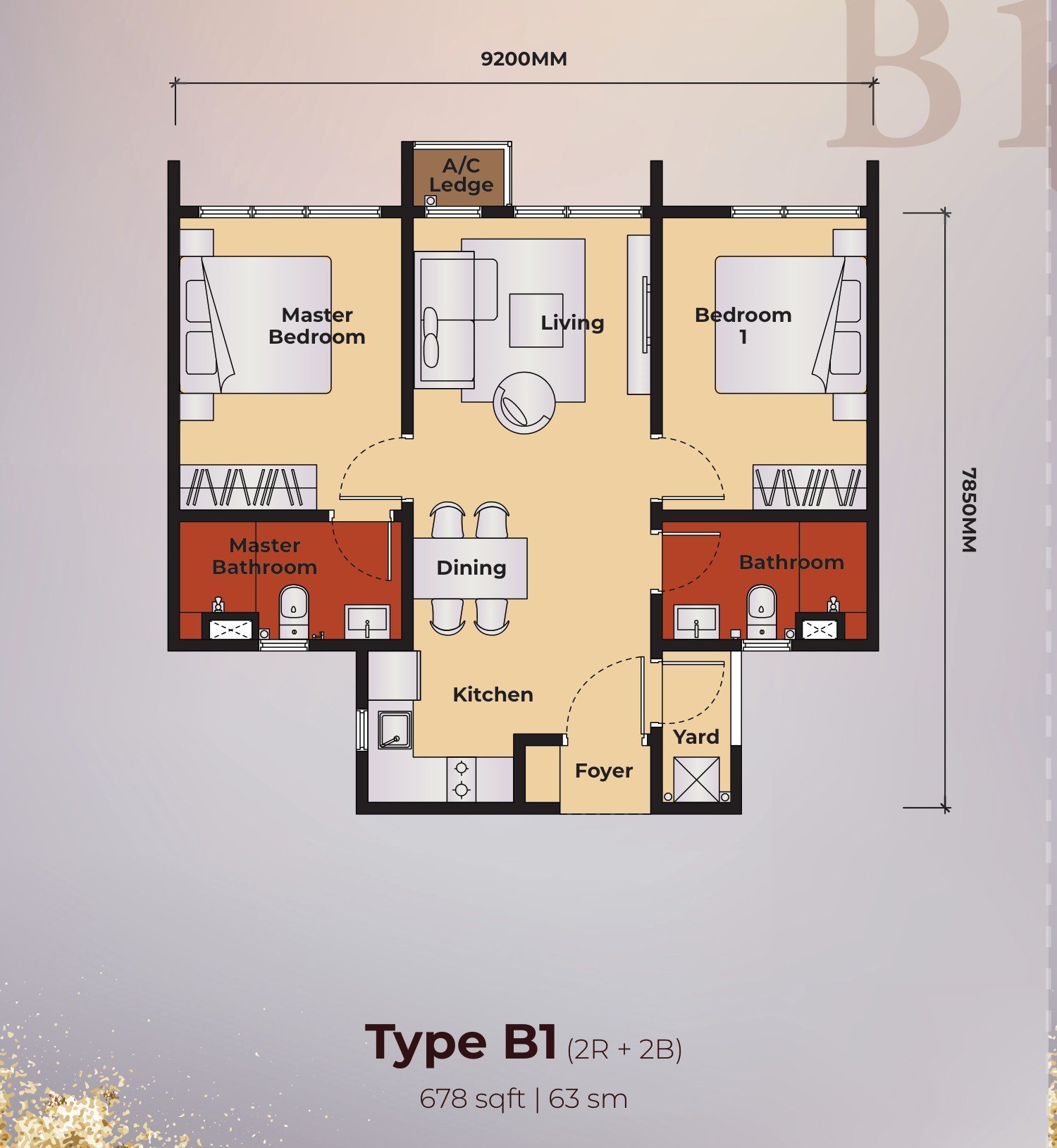 The Kingswoodz Type B1 floor plan, 2 bedroom, 678 sq ft
