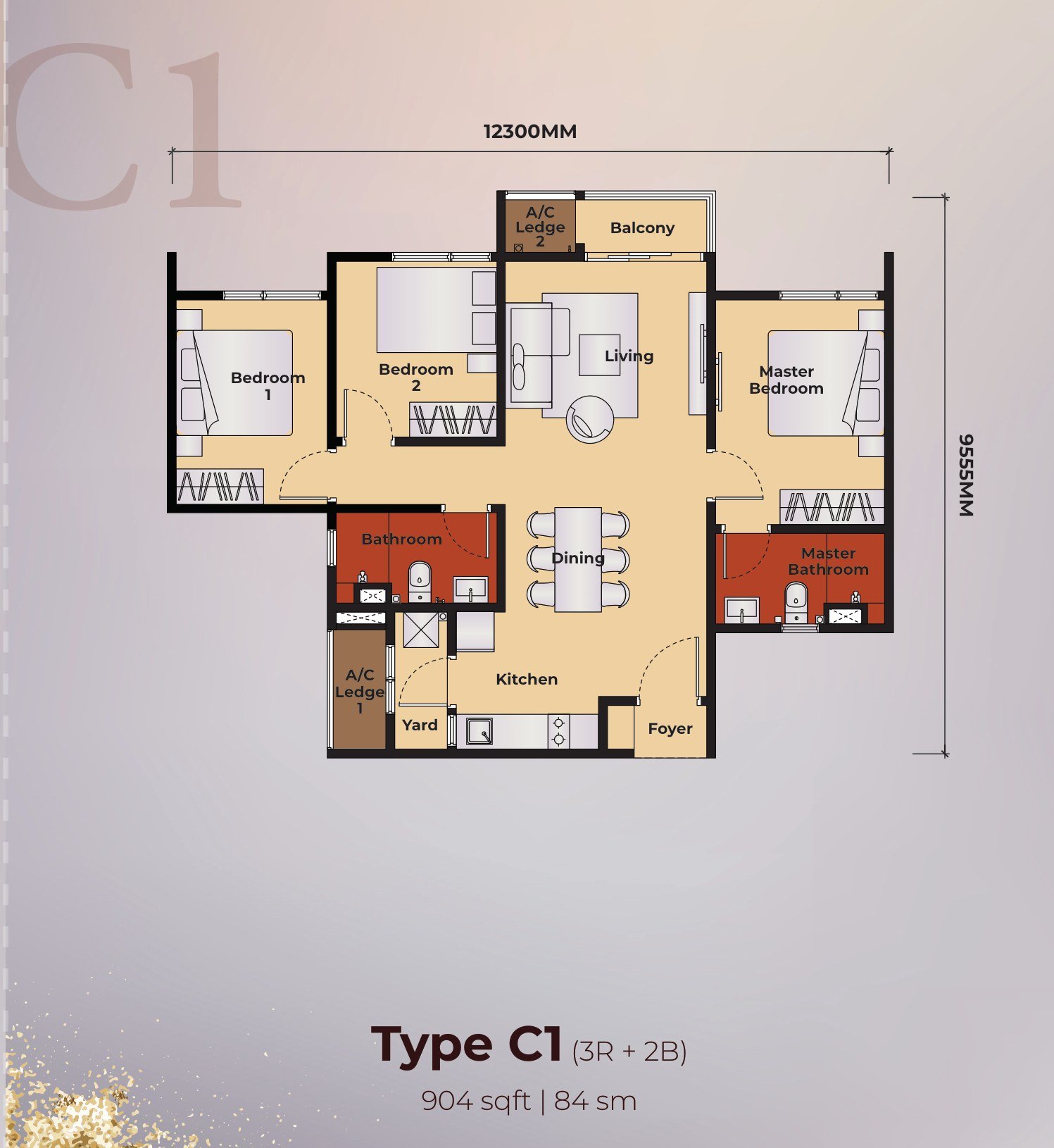 The Kingswoodz Type C1 floor plan, 3 bedroom with balcony, 904 sq ft