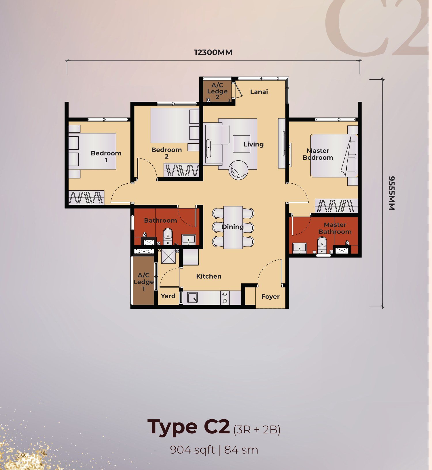 The Kingswoodz Type C2 floor plan, 3 bedroom with lanai, 904 sq ft