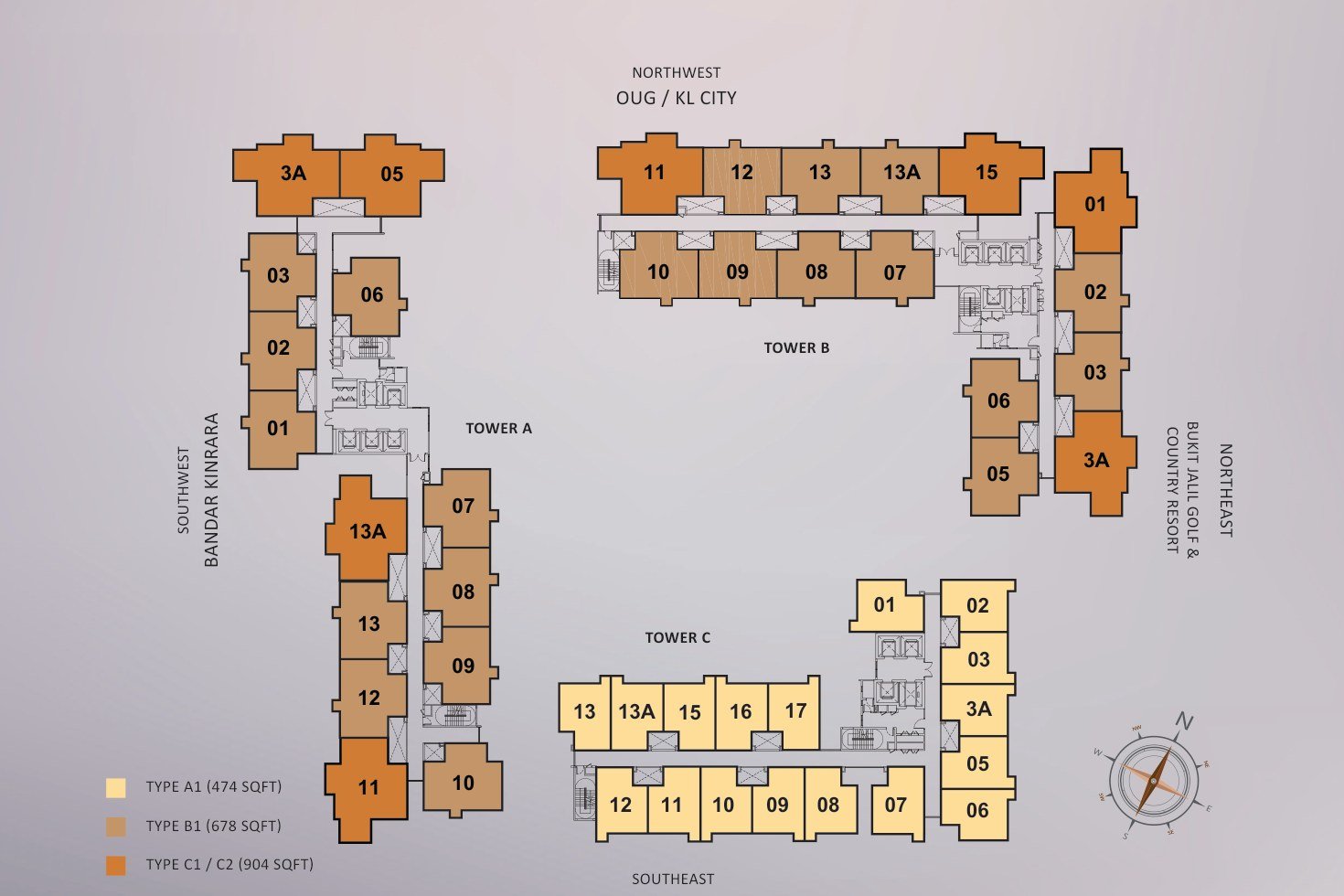 The Kingswoodz typical floor plan showing Towers A, B and C by unit type