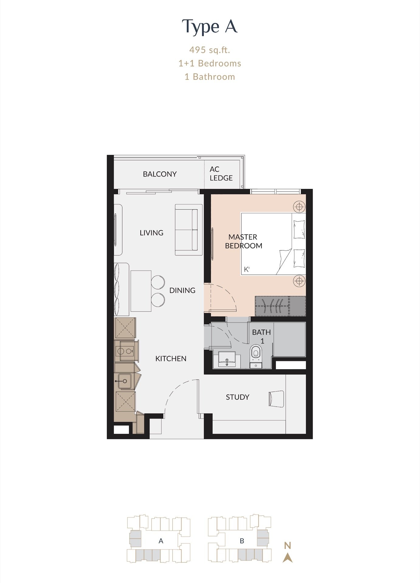 Laurel Residence Type A floor plan, 1+1 bedroom, 495 sq ft