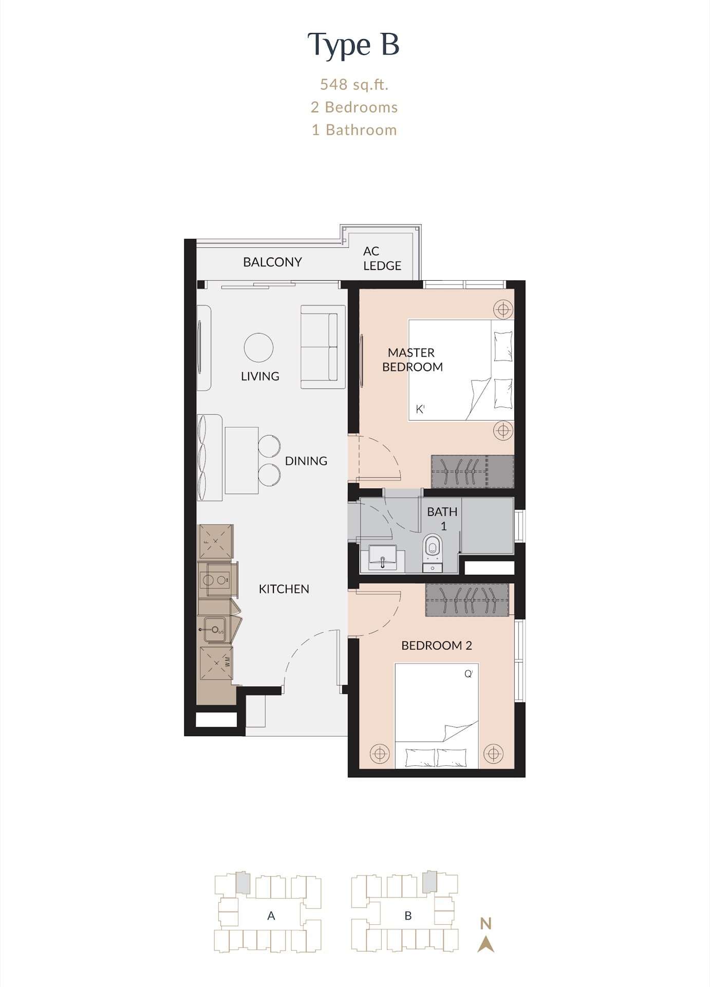 Laurel Residence Type B floor plan, 2 bedroom, 548 sq ft