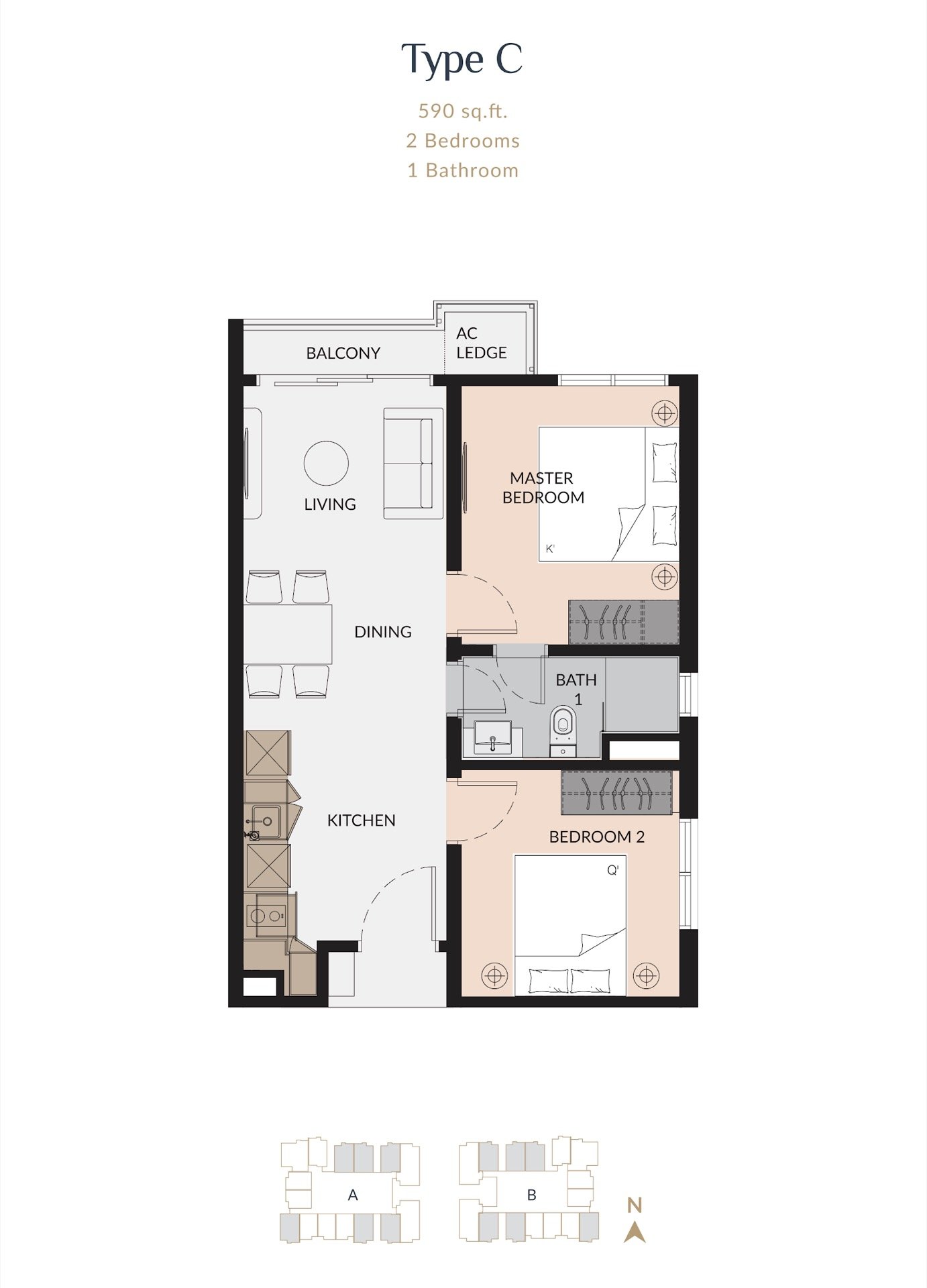 Laurel Residence Type C floor plan, 2 bedroom, 590 sq ft