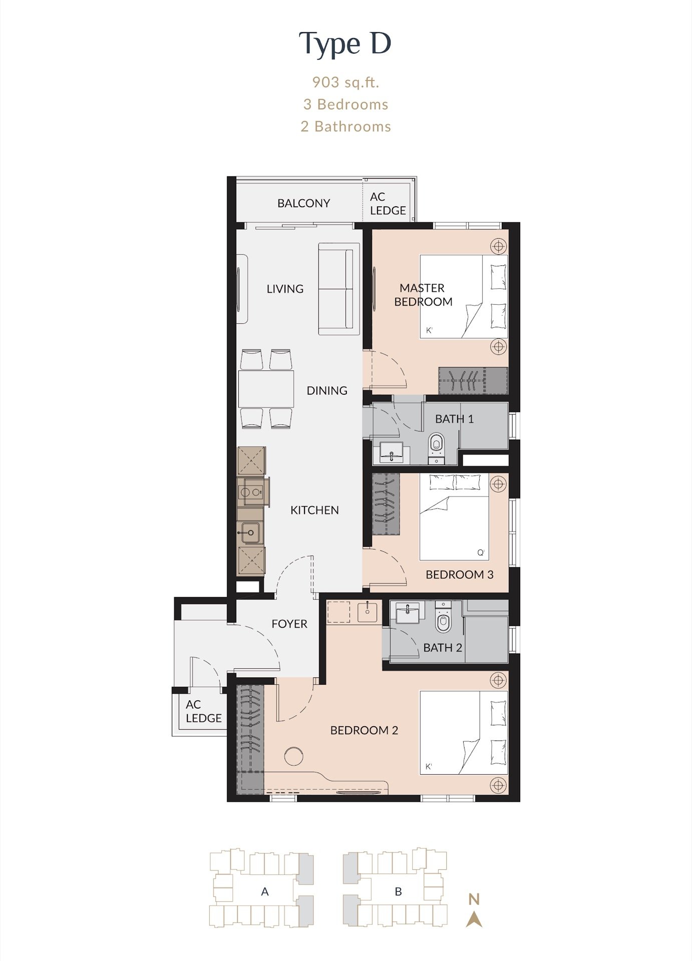 Laurel Residence Type D floor plan, 3 bedroom dual key, 903 sq ft