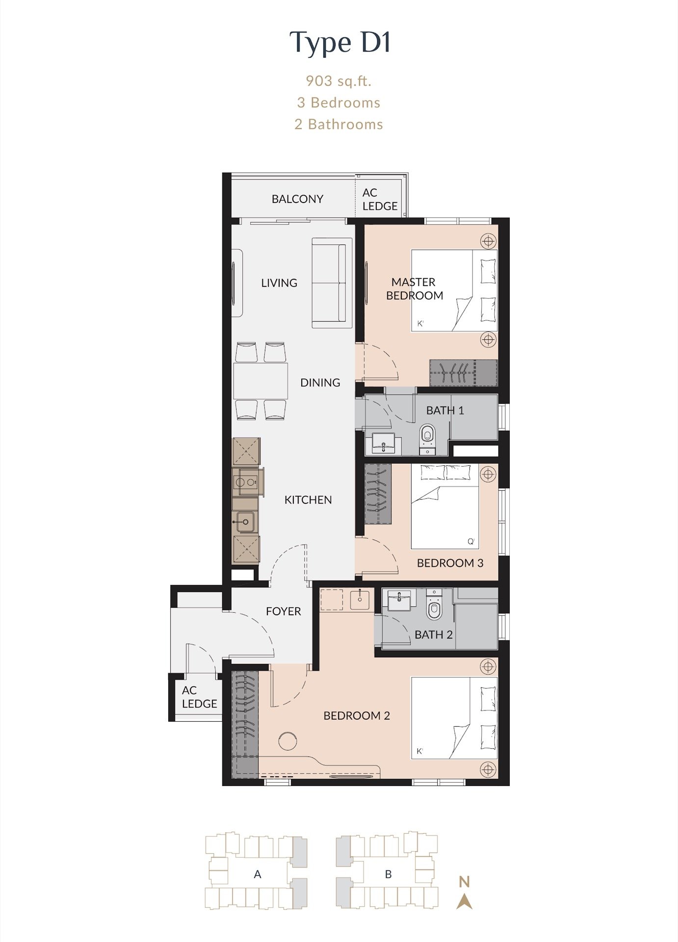 Laurel Residence Type D1 floor plan, 3 bedroom dual key, 903 sq ft