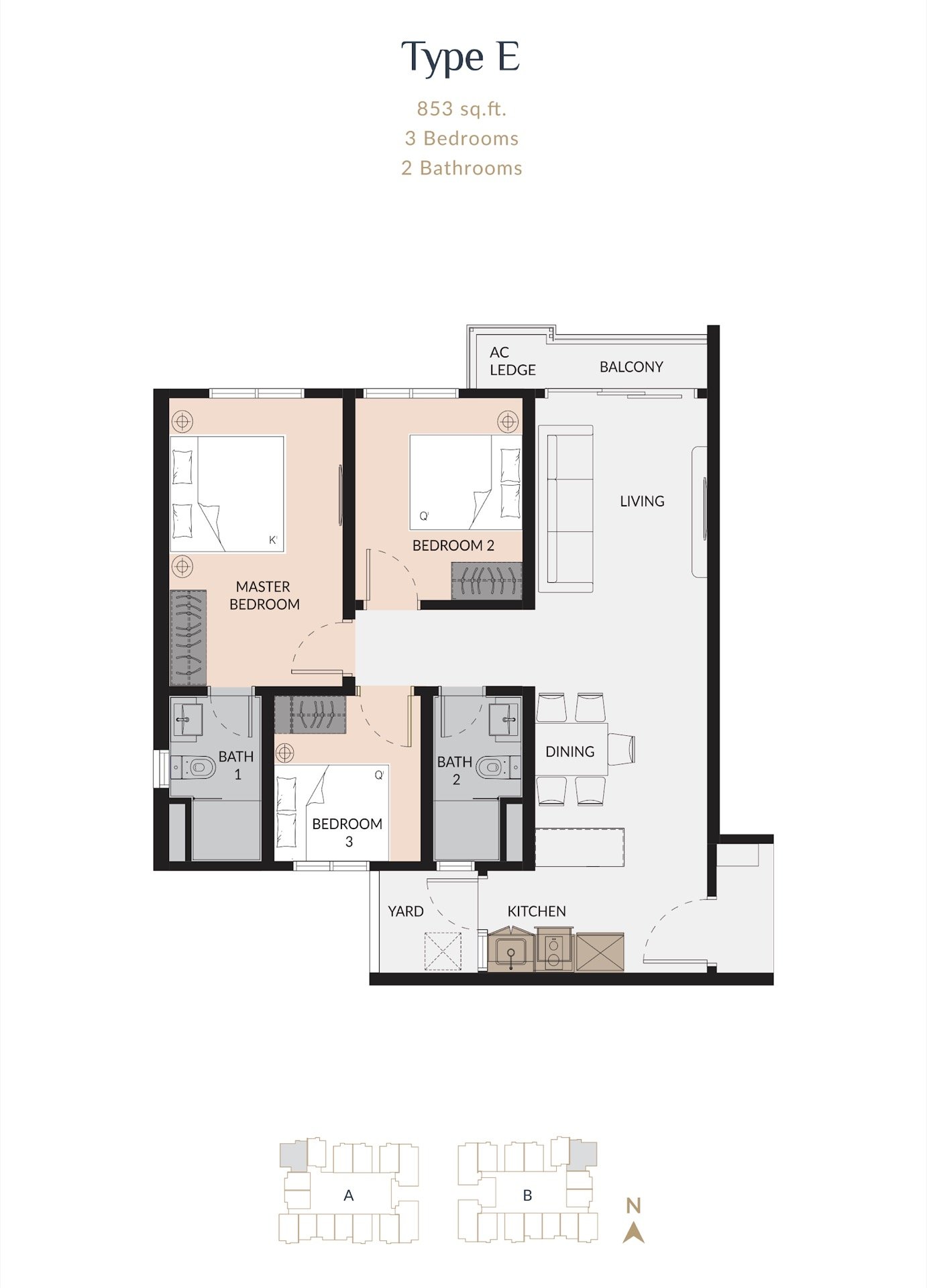 Laurel Residence Type E floor plan, 3 bedroom, 853 sq ft