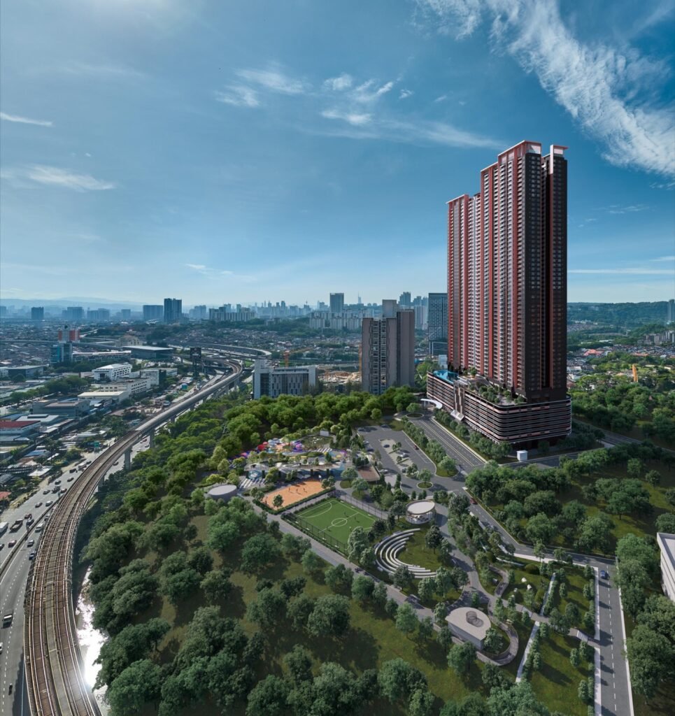Laverra Seri Damansara Residences towers and surrounding greenery, aerial view: artist's impression