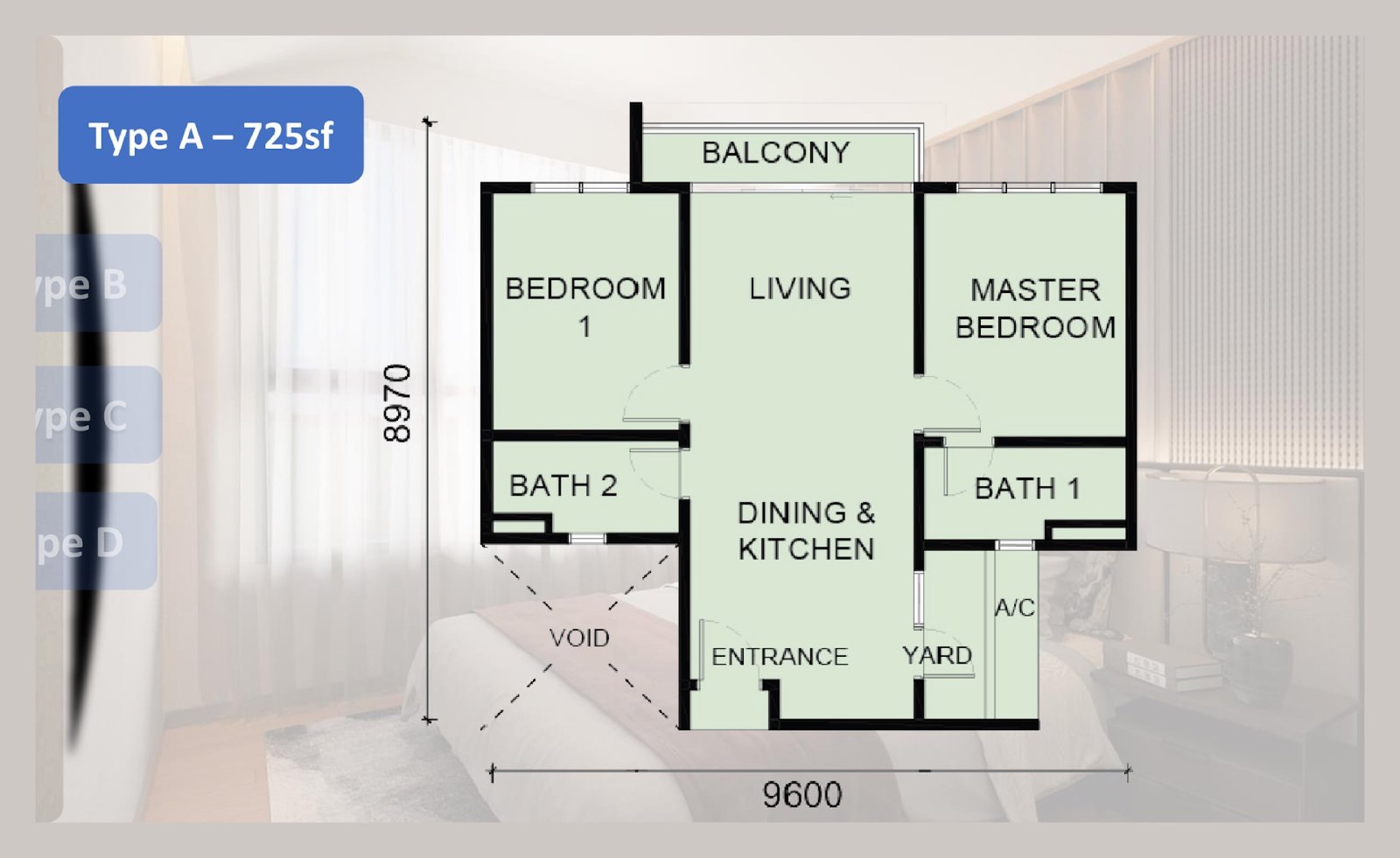 Laverra Seri Damansara Residences Type A floor plan, 2 bedroom, 725 sq ft