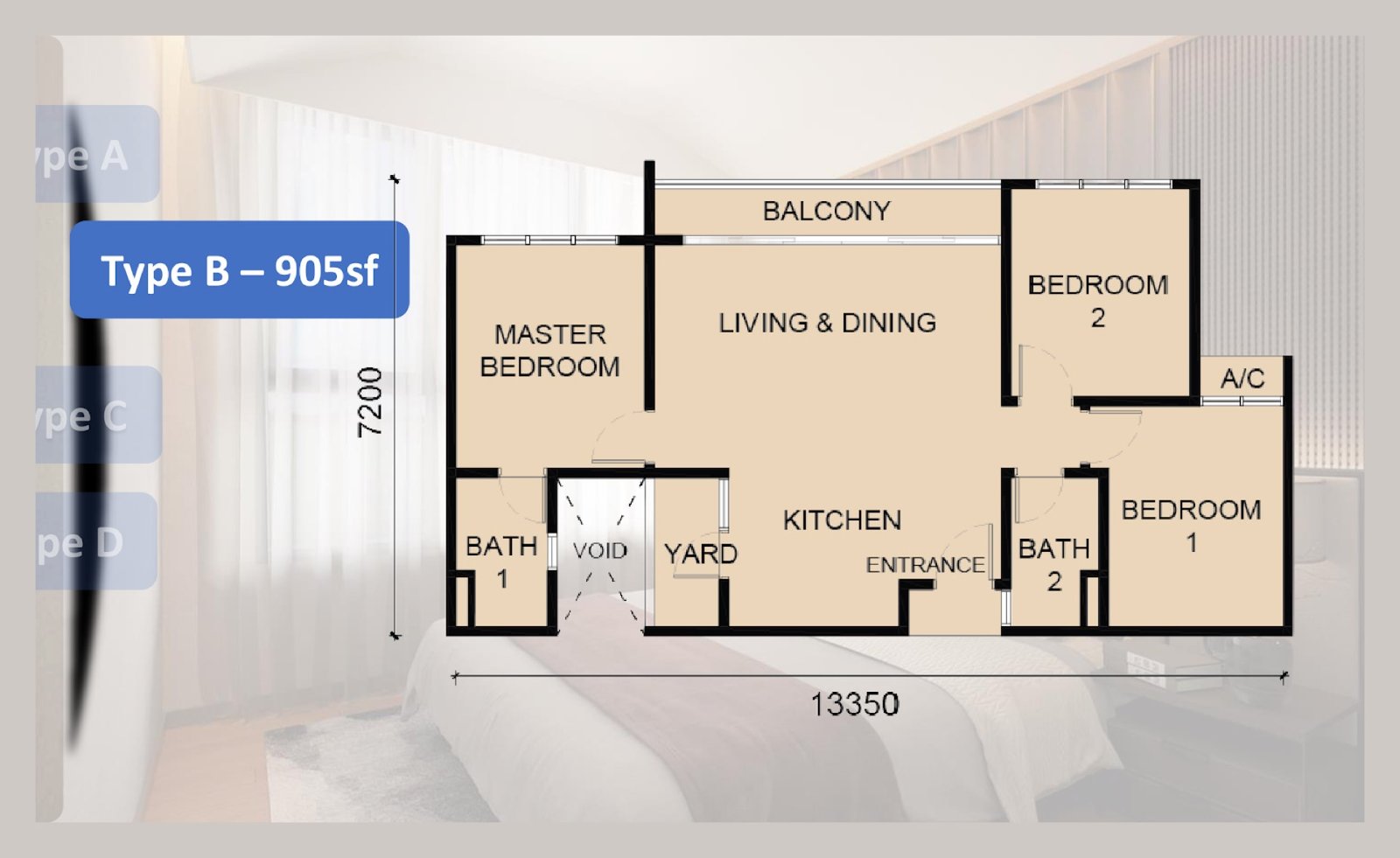 Laverra Seri Damansara Residences Type B floor plan, 3 bedroom, 905 sq ft