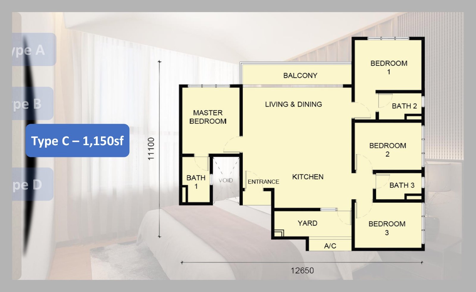 Laverra Seri Damansara Residences Type C floor plan, 4 bedroom, 1,150 sq ft