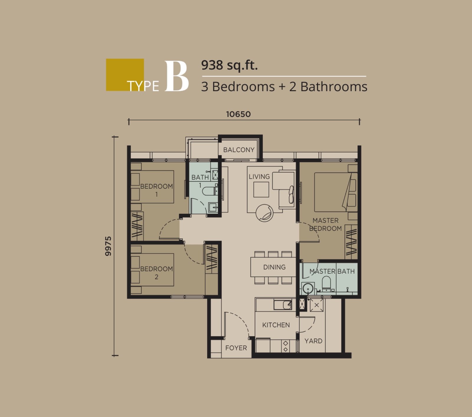 Levia Residence Type B floor plan, 3 bedroom, 938 sq ft
