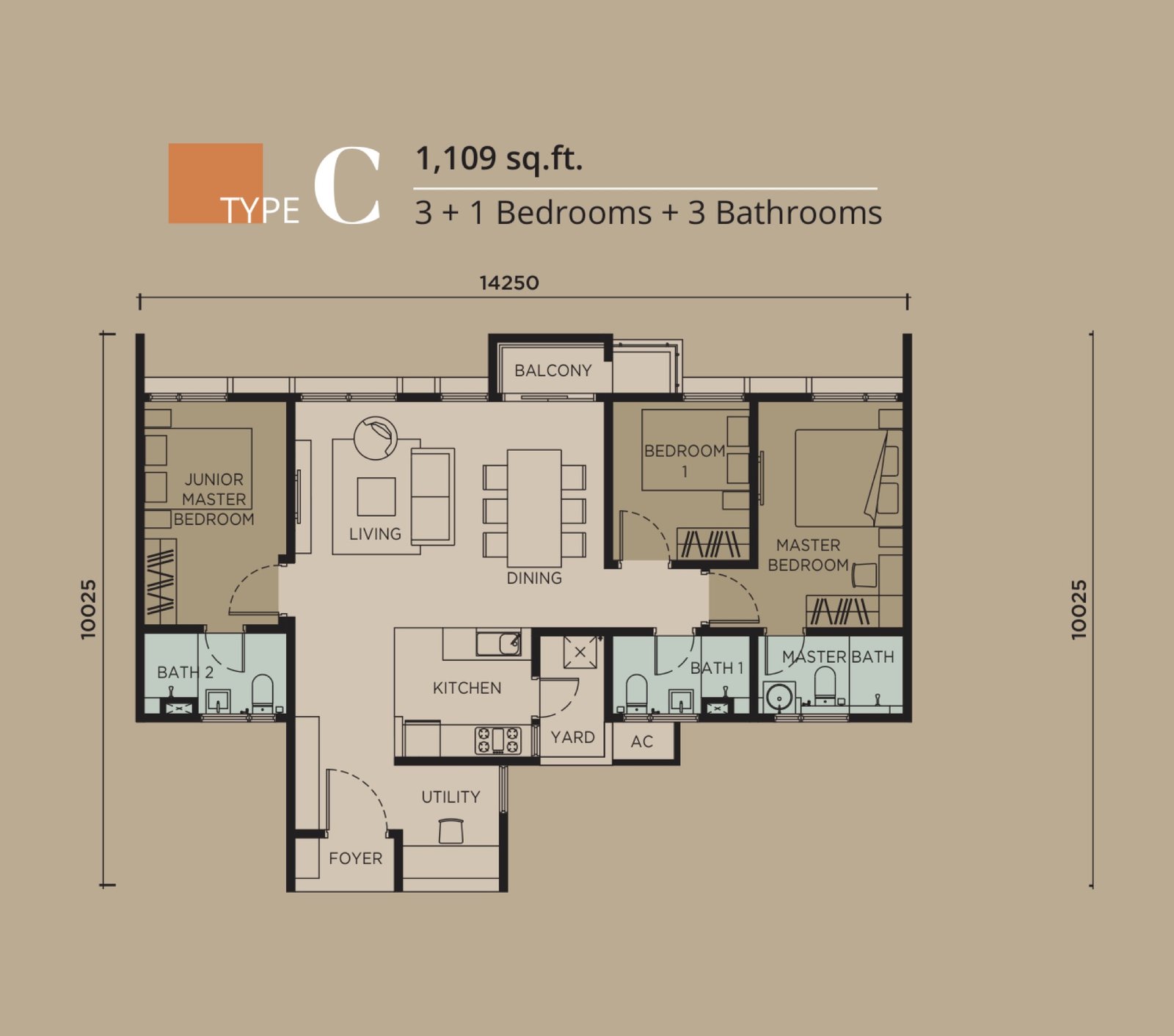 Levia Residence Type C floor plan, 3+1 bedroom, 1,109 sq ft