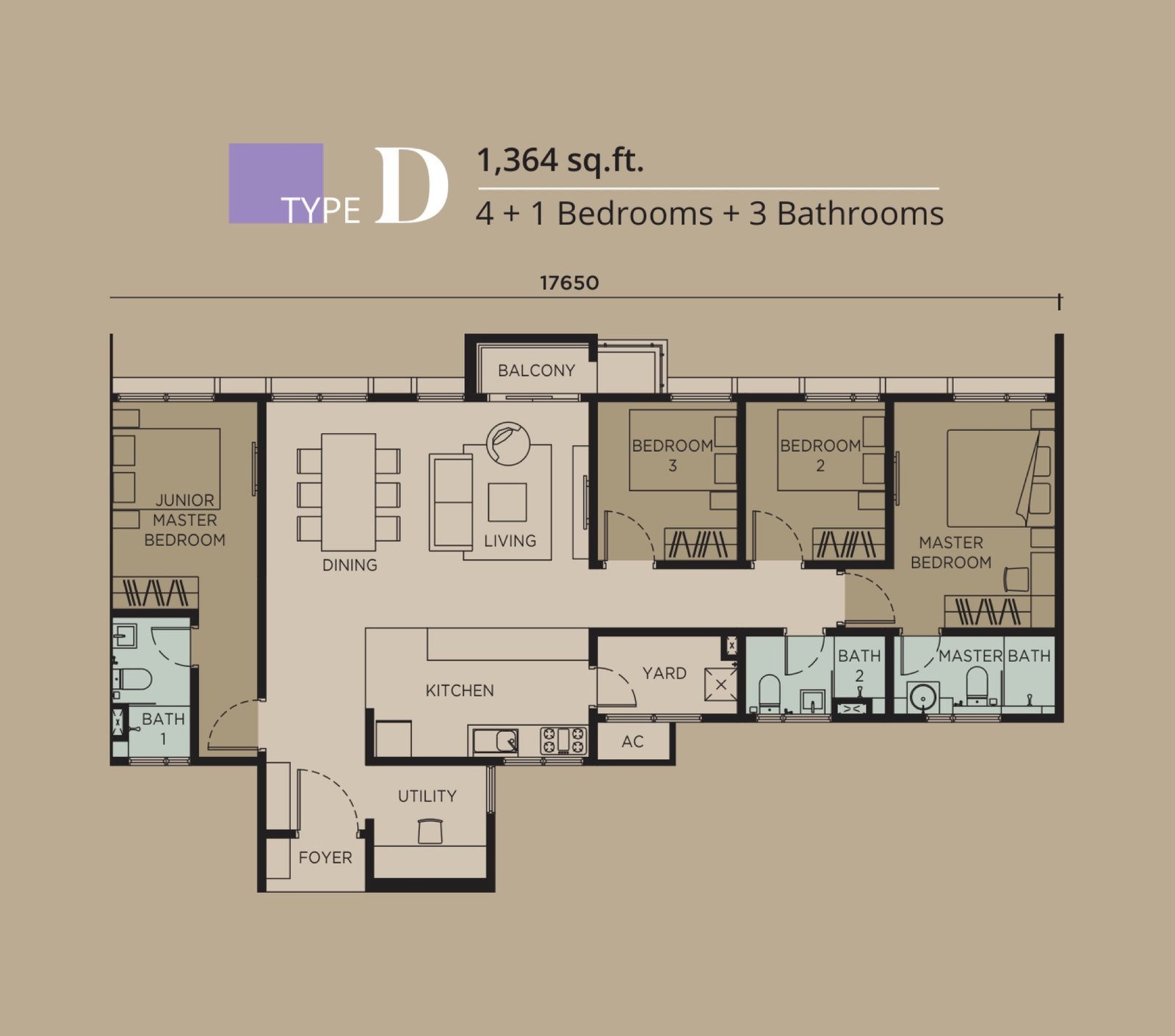 Levia Residence Type D floor plan, 4+1 bedroom, 1,364 sq ft