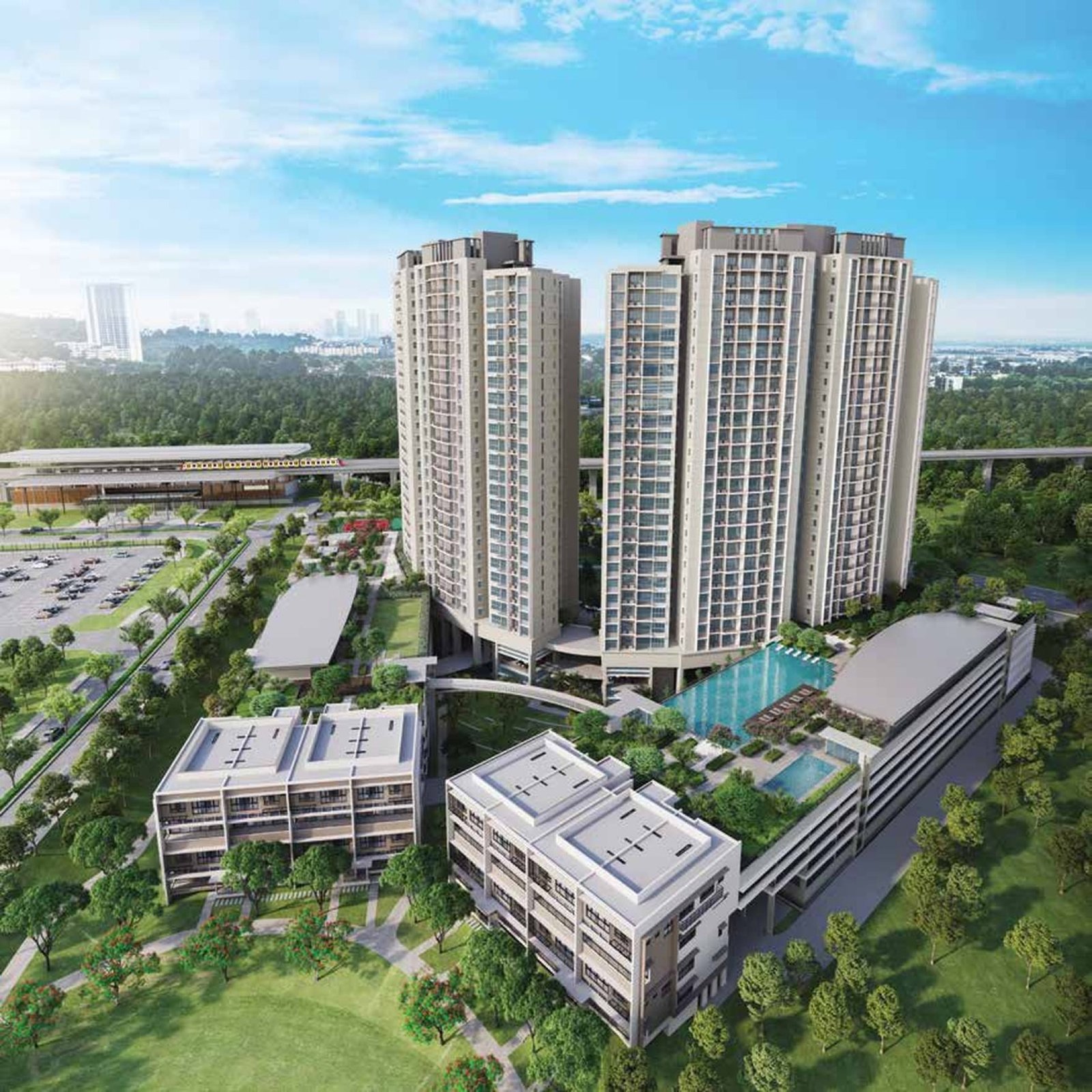 Linari Kwasa Damansara towers, Parkhomes and podium pool from above: artist's impression