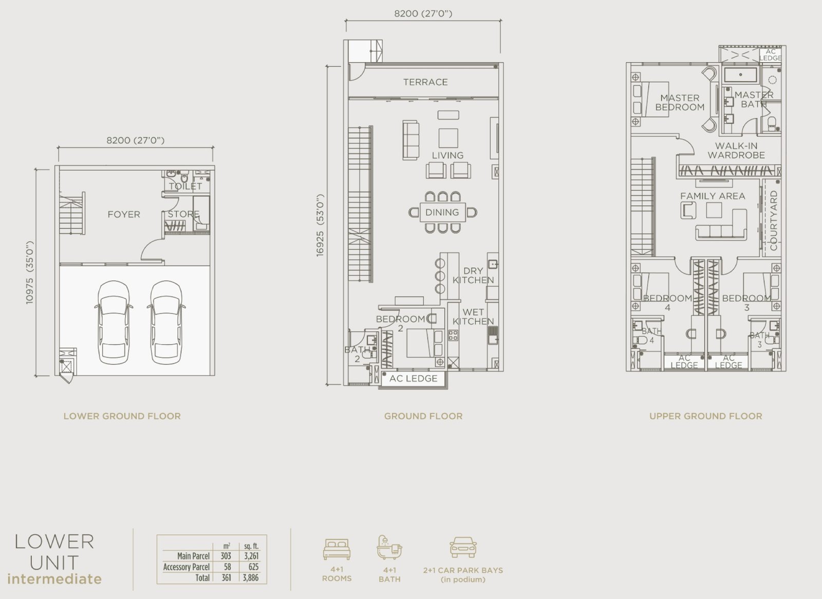 Linari Parkhome lower unit floor plan, 4+1 bedroom, 3,886 sq ft