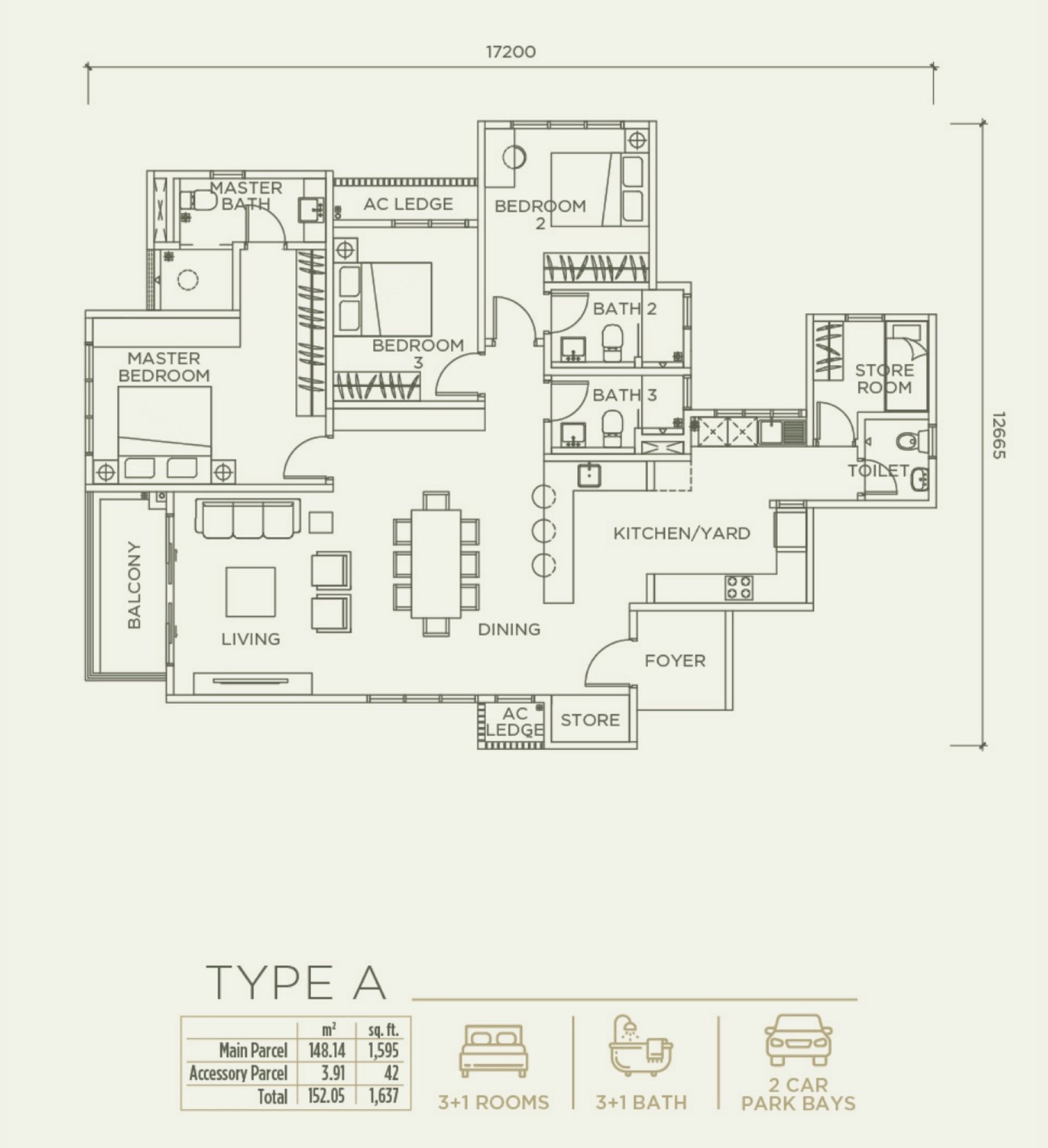 Linari Skyvilla Type A floor plan, 3+1 bedroom, 1,637 sq ft