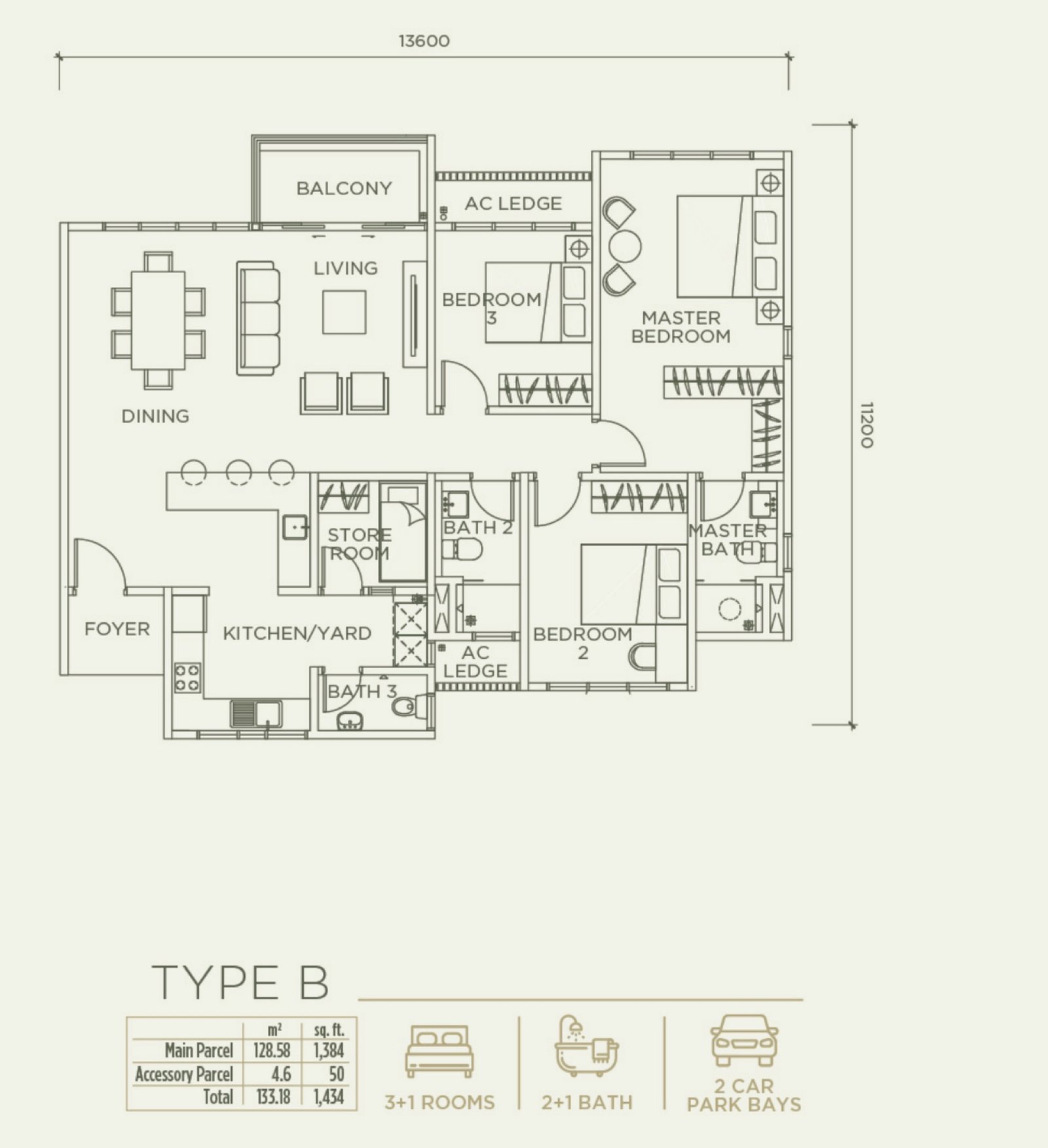 Linari Skyvilla Type B floor plan, 3+1 bedroom, 1,434 sq ft