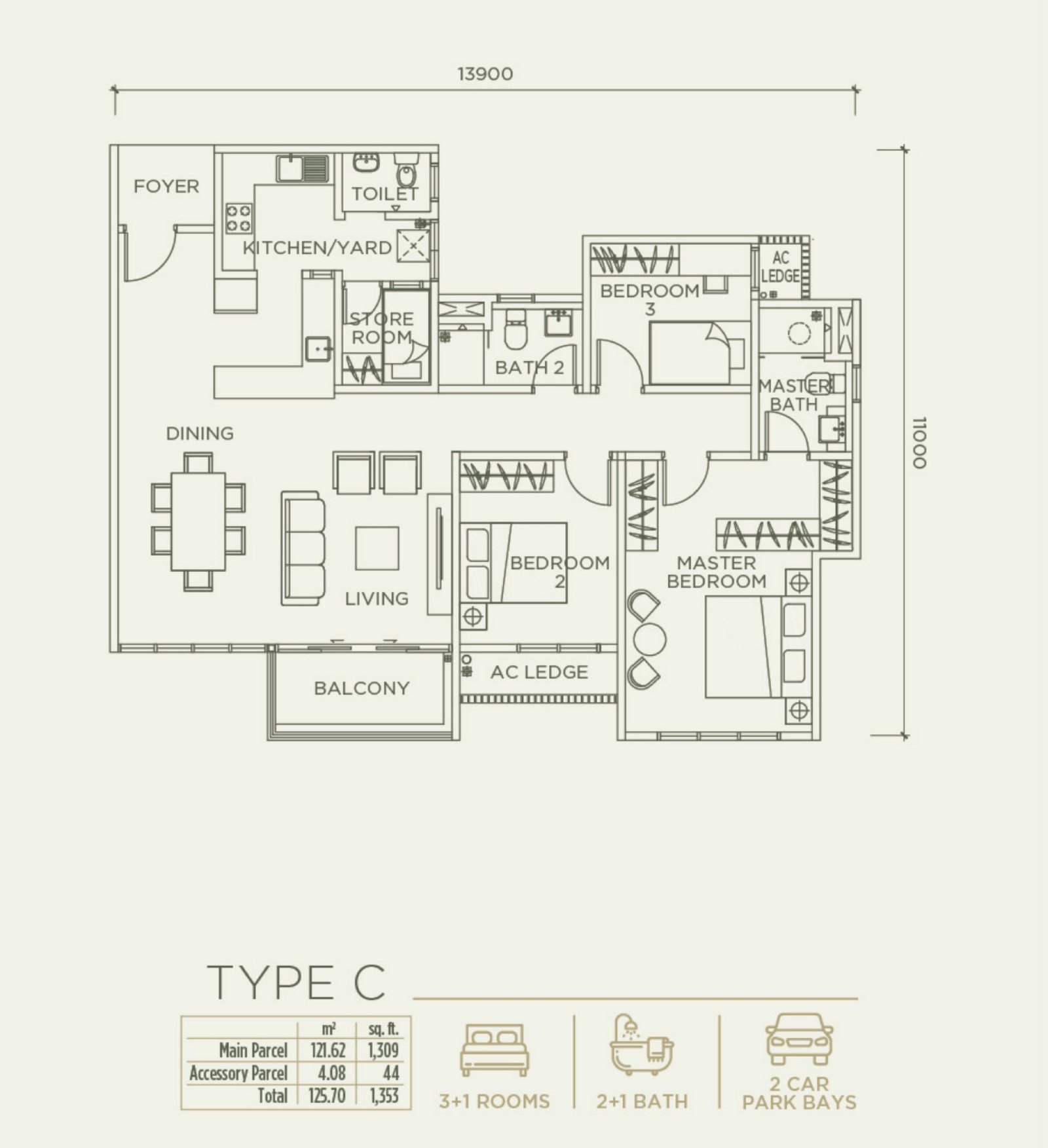 Linari Skyvilla Type C floor plan, 3+1 bedroom, 1,353 sq ft