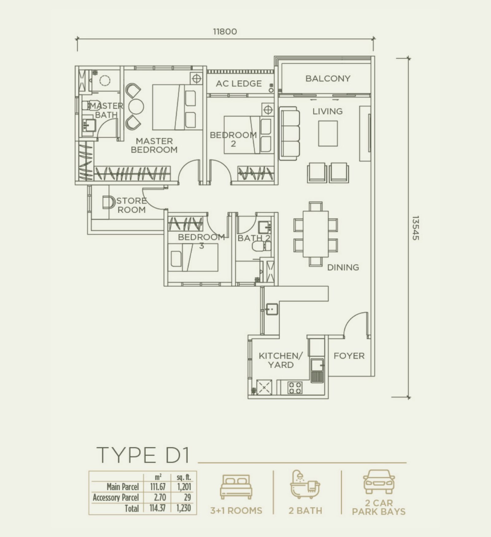 Linari Skyvilla Type D floor plan, 3 bedroom, 1,168 sq ft