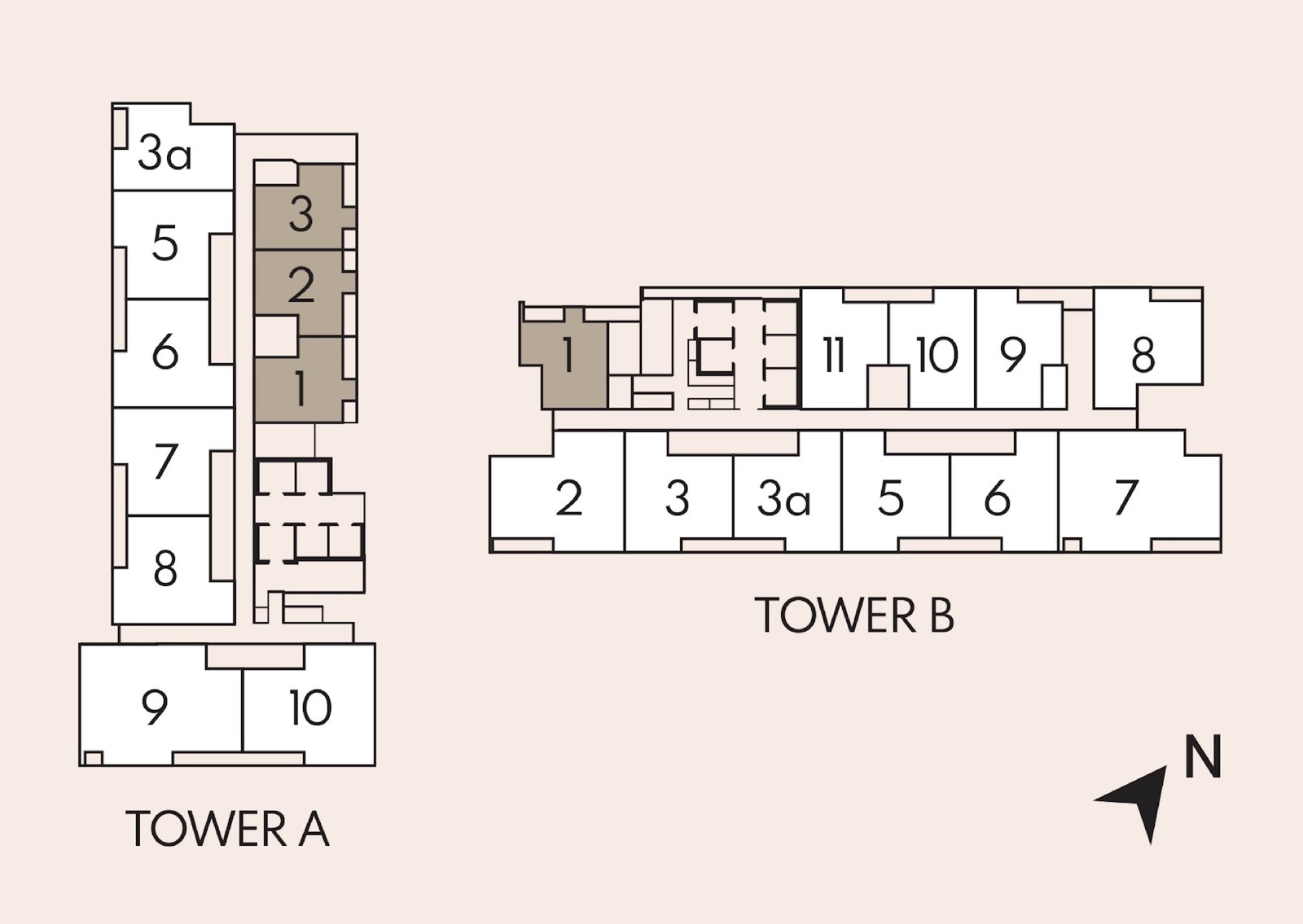 Luminar Residence Tower A and Tower B key plan with unit numbers