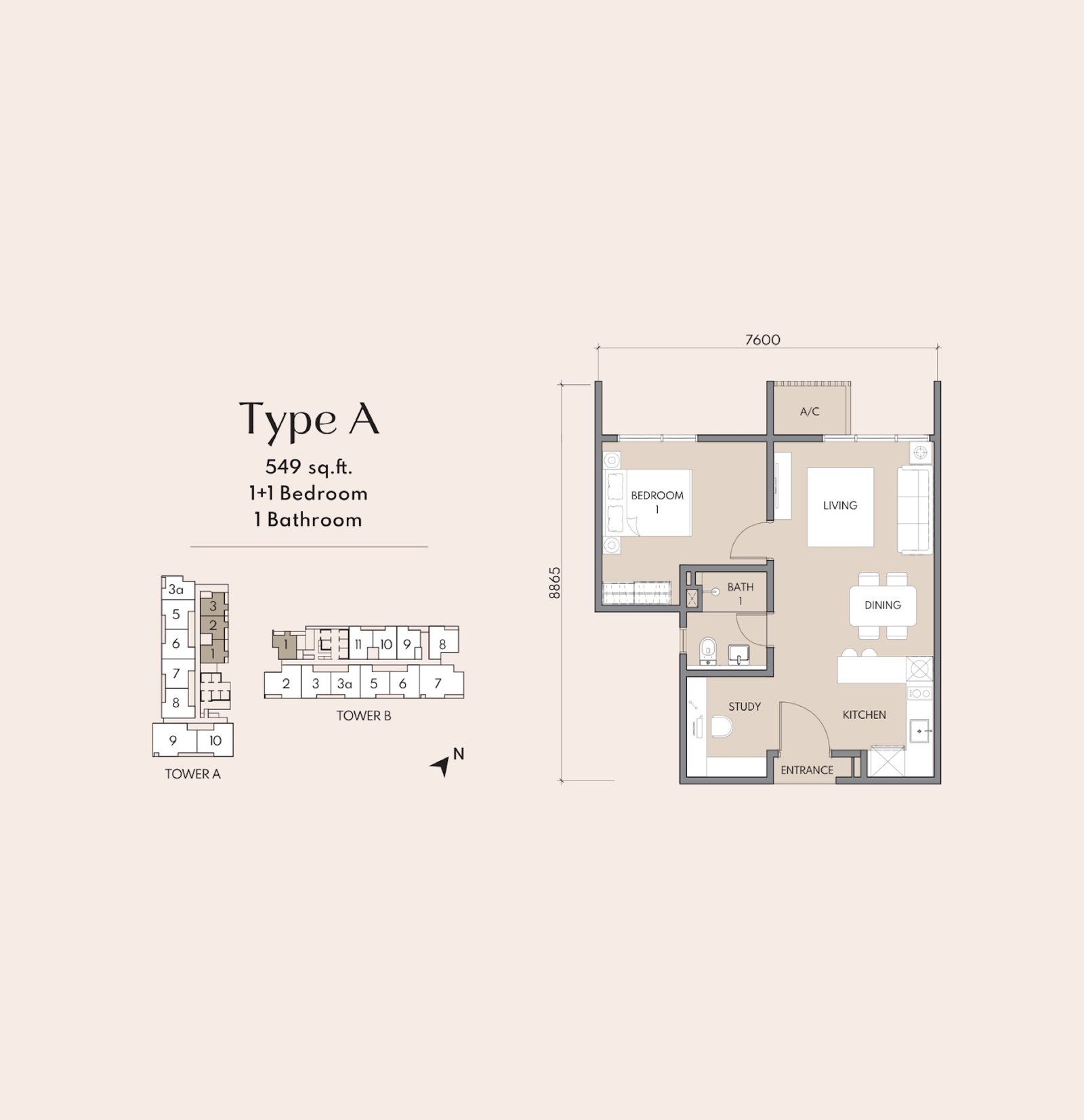 Luminar Residence Type A floor plan, 1+1 bedroom, 549 sq ft