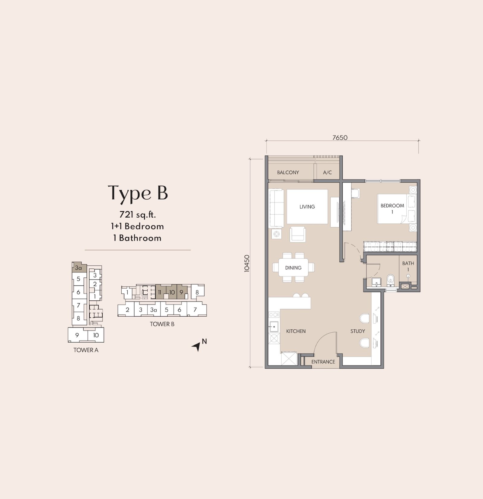 Luminar Residence Type B floor plan, 1+1 bedroom, 721 sq ft