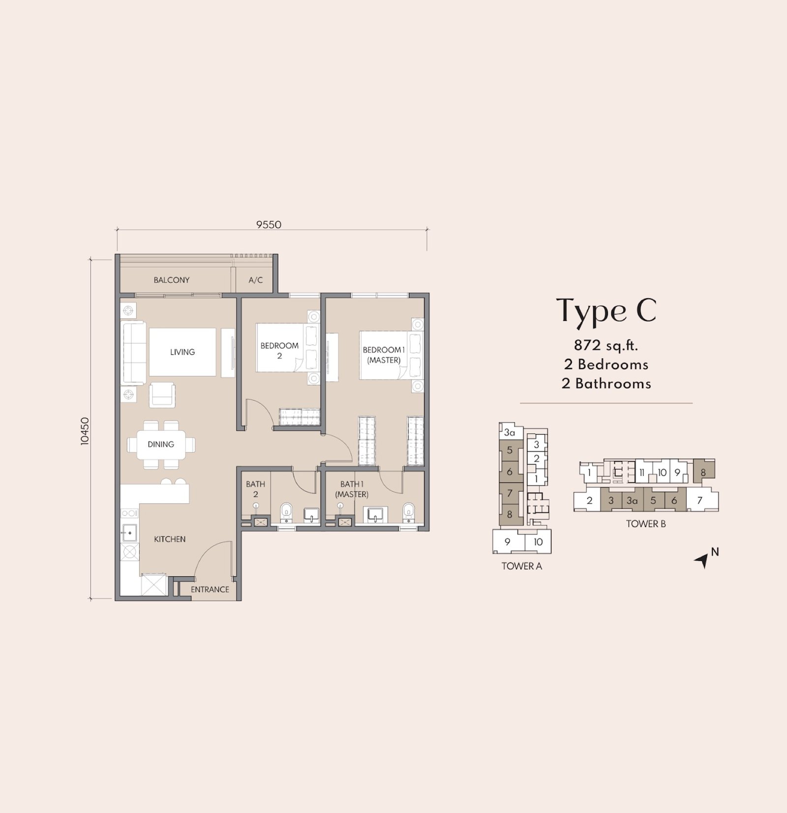 Luminar Residence Type C floor plan, 2 bedroom, 872 sq ft