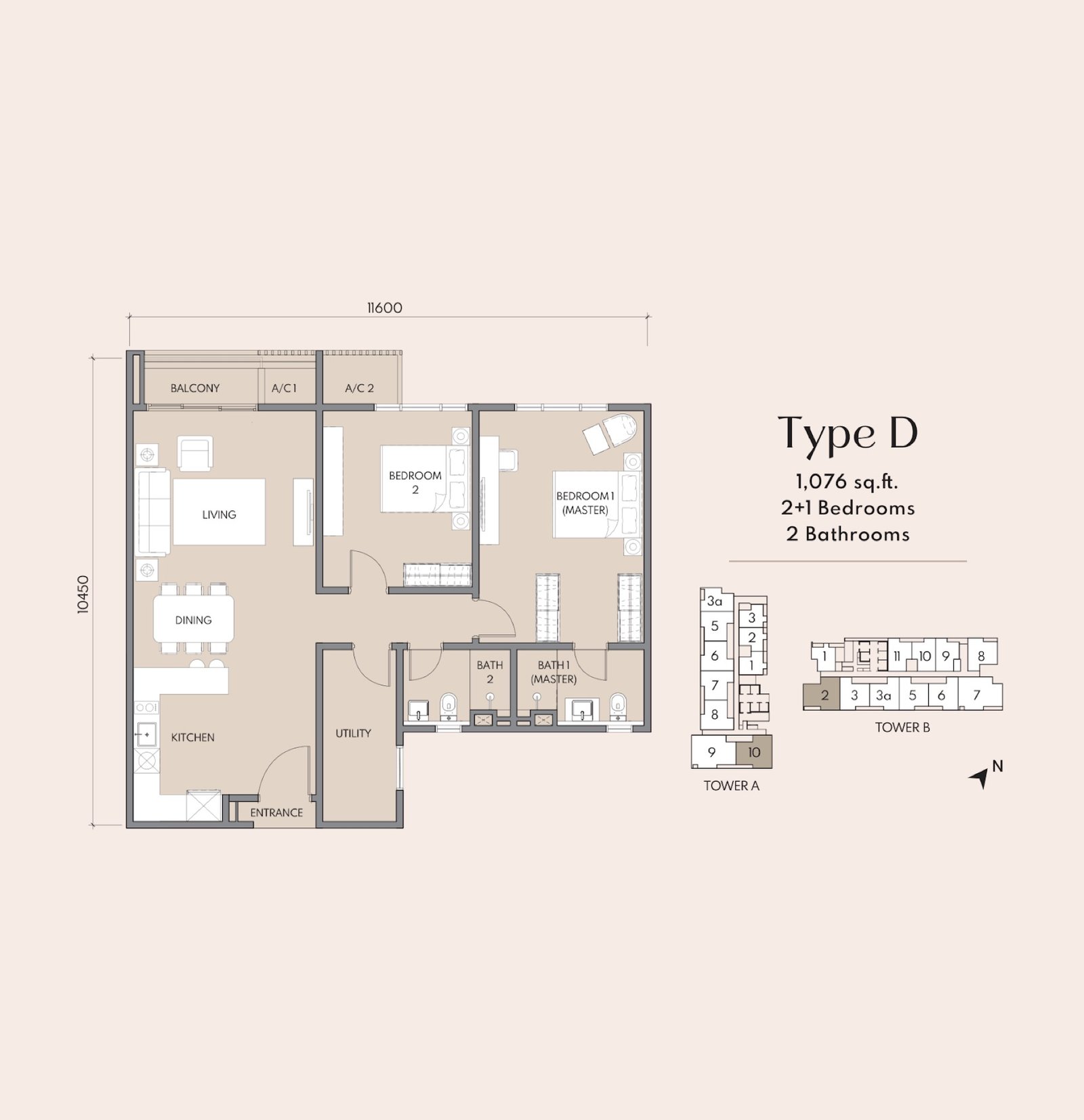 Luminar Residence Type D floor plan, 2+1 bedroom, 1,076 sq ft