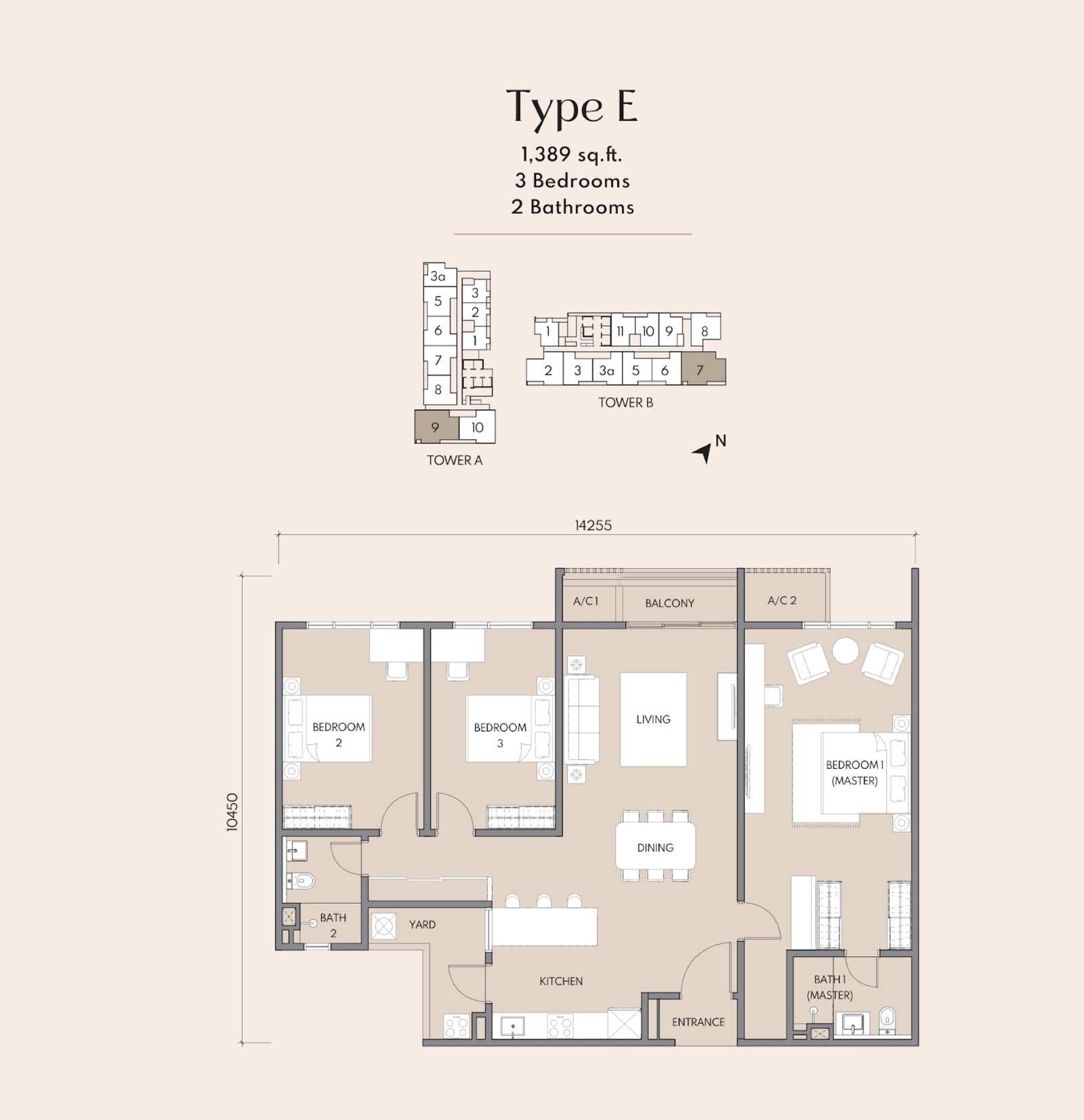 Luminar Residence Type E floor plan, 3 bedroom, 1,389 sq ft