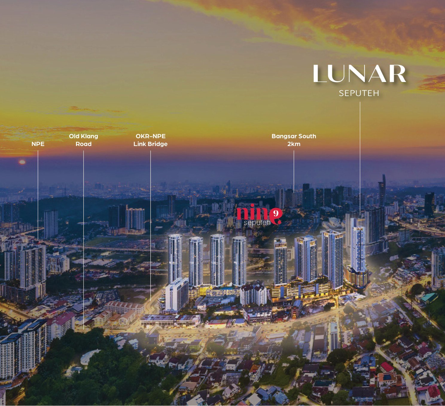 Lunar Seputeh location within 9 Seputeh, with Old Klang Road, the OKR-NPE link bridge and Bangsar South marked