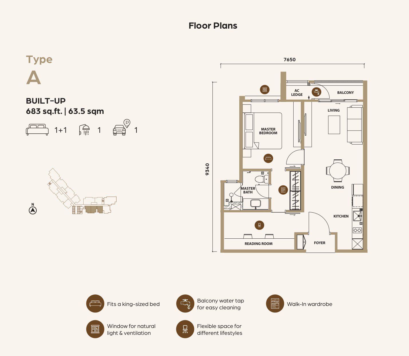 Lunar Seputeh Type A floor plan, 1+1 bedroom, 683 sq ft