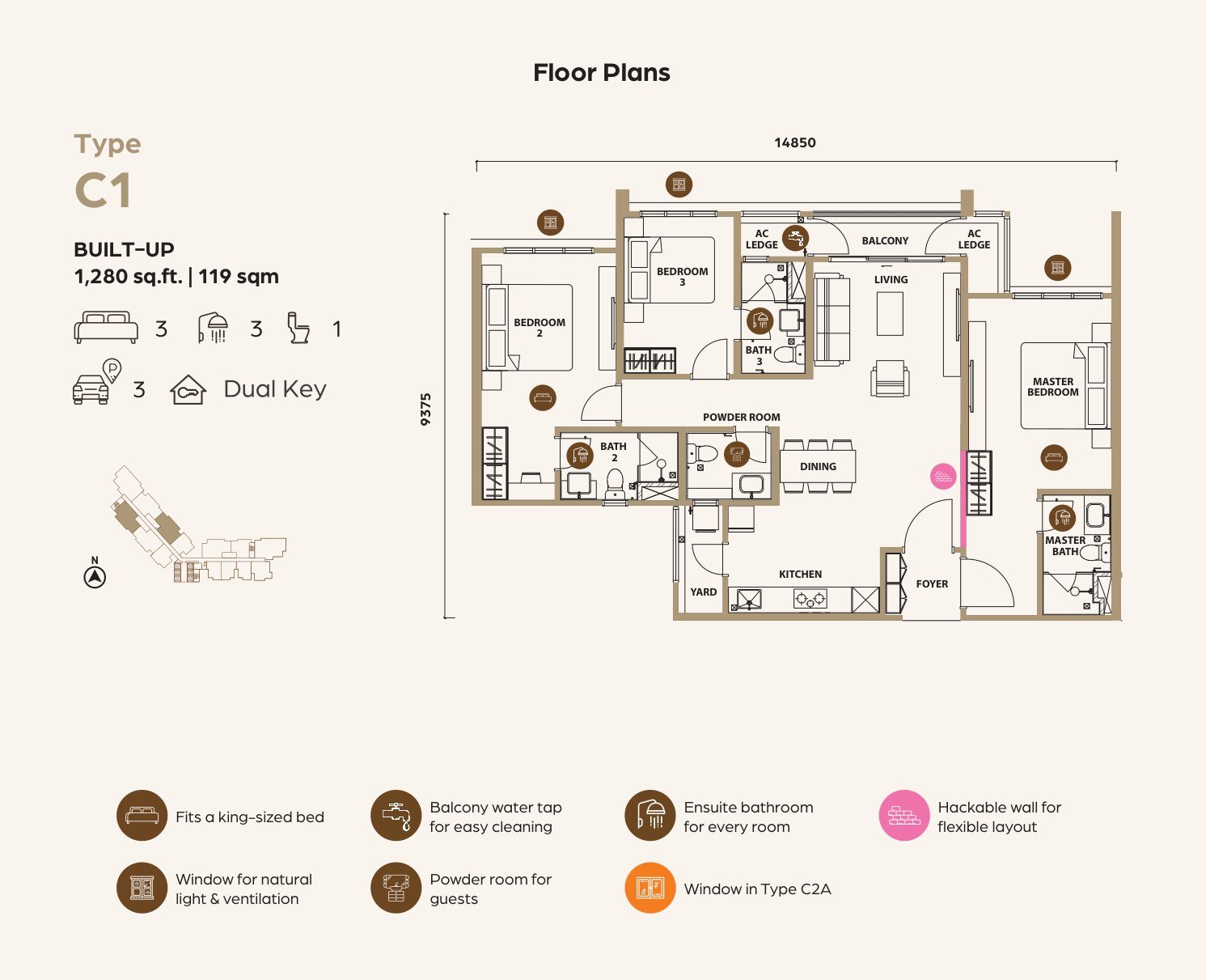 Lunar Seputeh Type C1 floor plan, 3 bedroom dual key, 1,280 sq ft