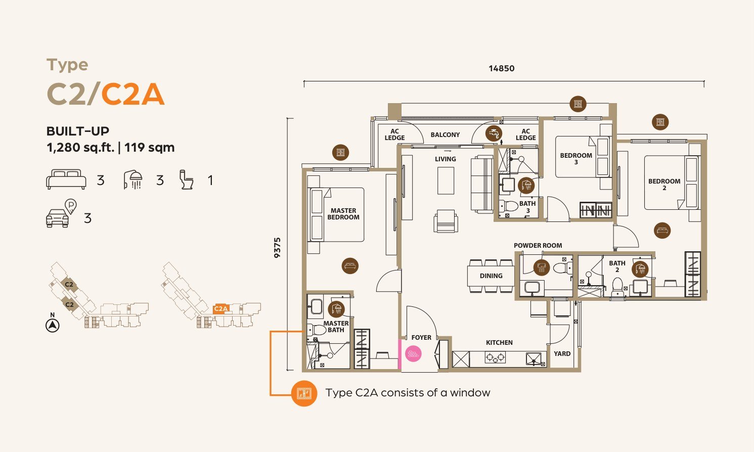 Lunar Seputeh Type C2 and C2A floor plan, 3 bedroom, 1,280 sq ft