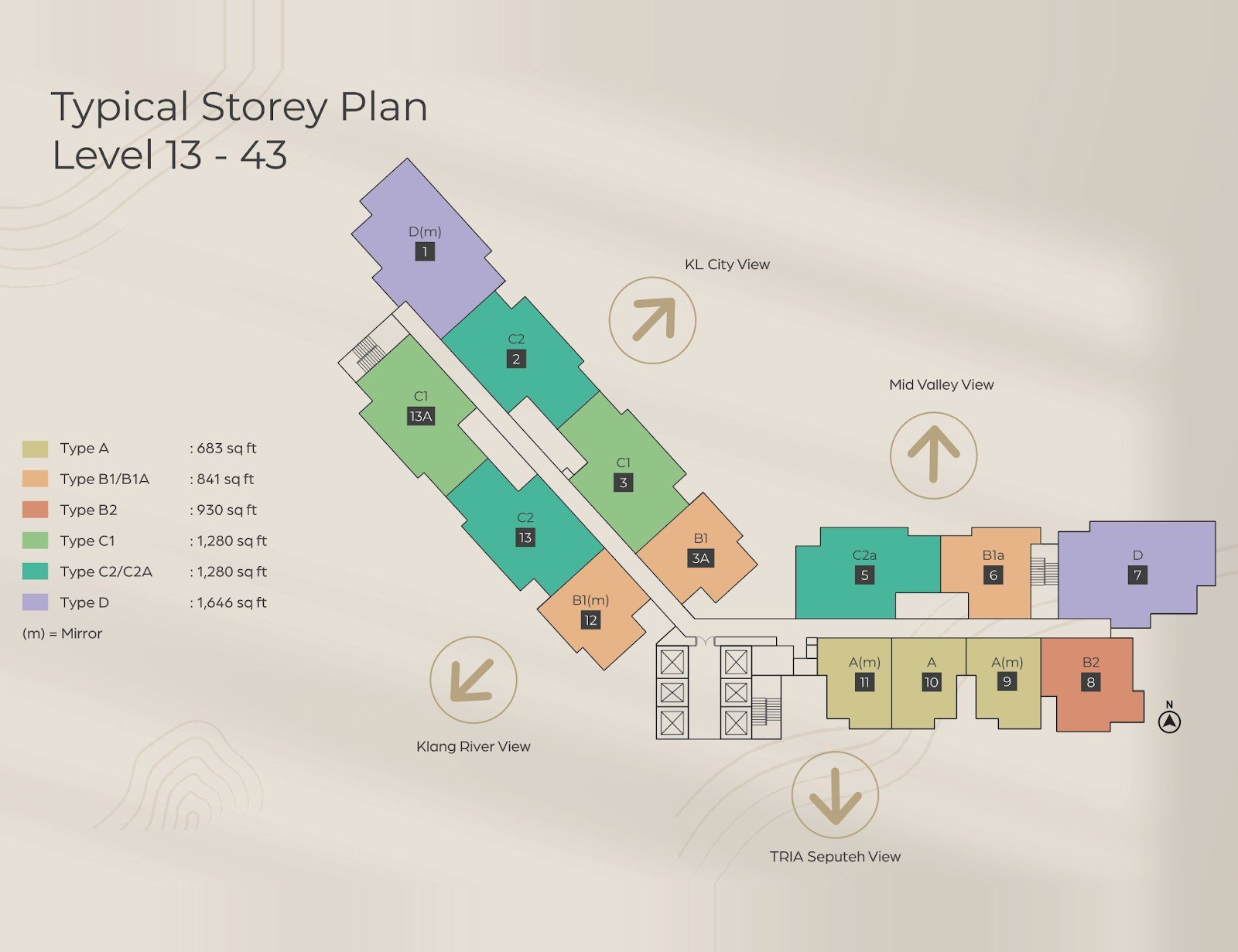 Lunar Seputeh typical storey plan, Levels 13 to 43, with unit types and views