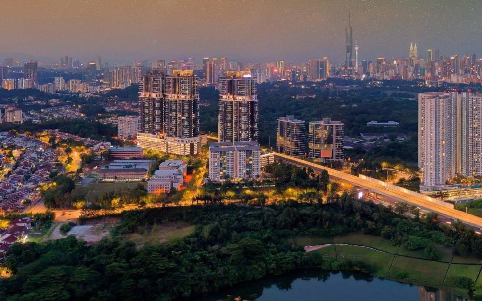 Aerial view towards the Kuala Lumpur skyline at dusk: illustrative image