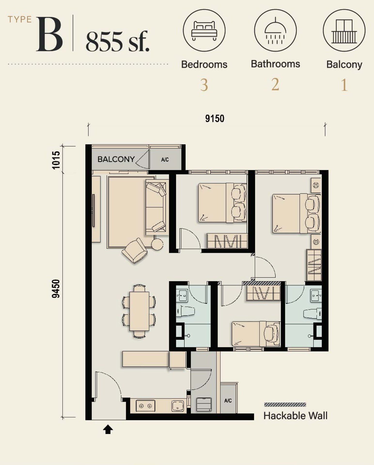 M Aspira Type B floor plan, 3 bedrooms, 855 sq ft